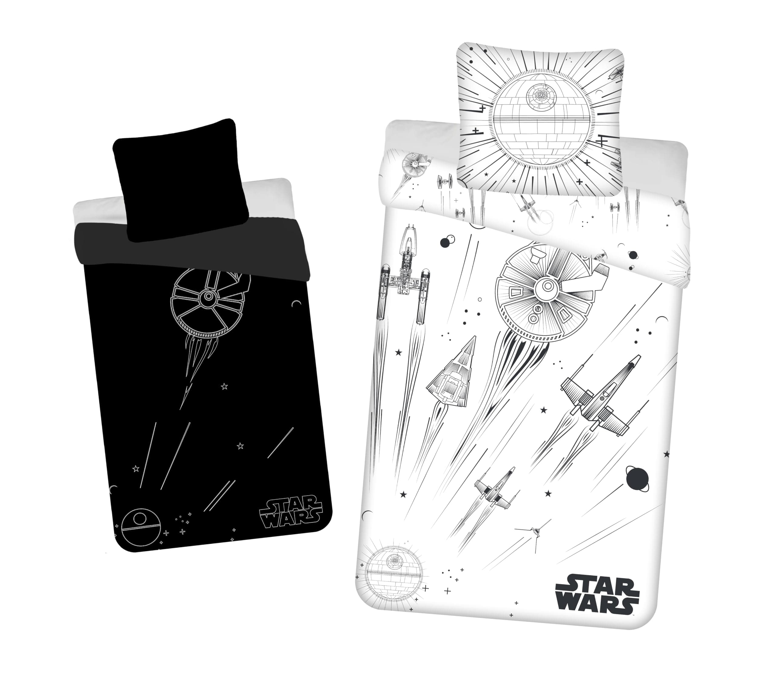 Star Wars Death Star Bedding Set, 100% Cotton, Duvet Cover 140 x 200 cm + Pillowcase 65 x 65 cm, Glow in the Dark