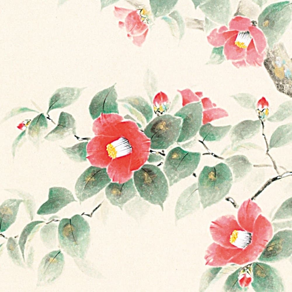 Tokyo Art Gallery ISHIHARA - Japanese Hanging Scroll - Kakejiku : Camellia/Tsubaki - with Paulownia Wood Box - Japan Imported [Standard Ship by EMS (Expedited) : with Tracking & Insurance]