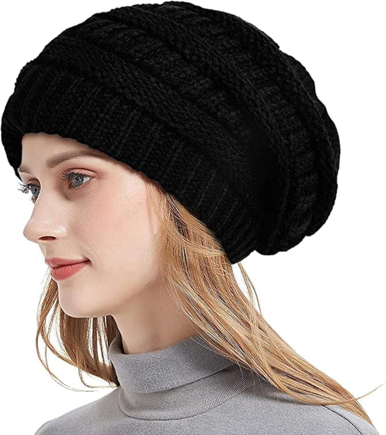 Pomel Winter Hat Warm Knit Thick Black Adults Striped Beanie Hat women (Black)