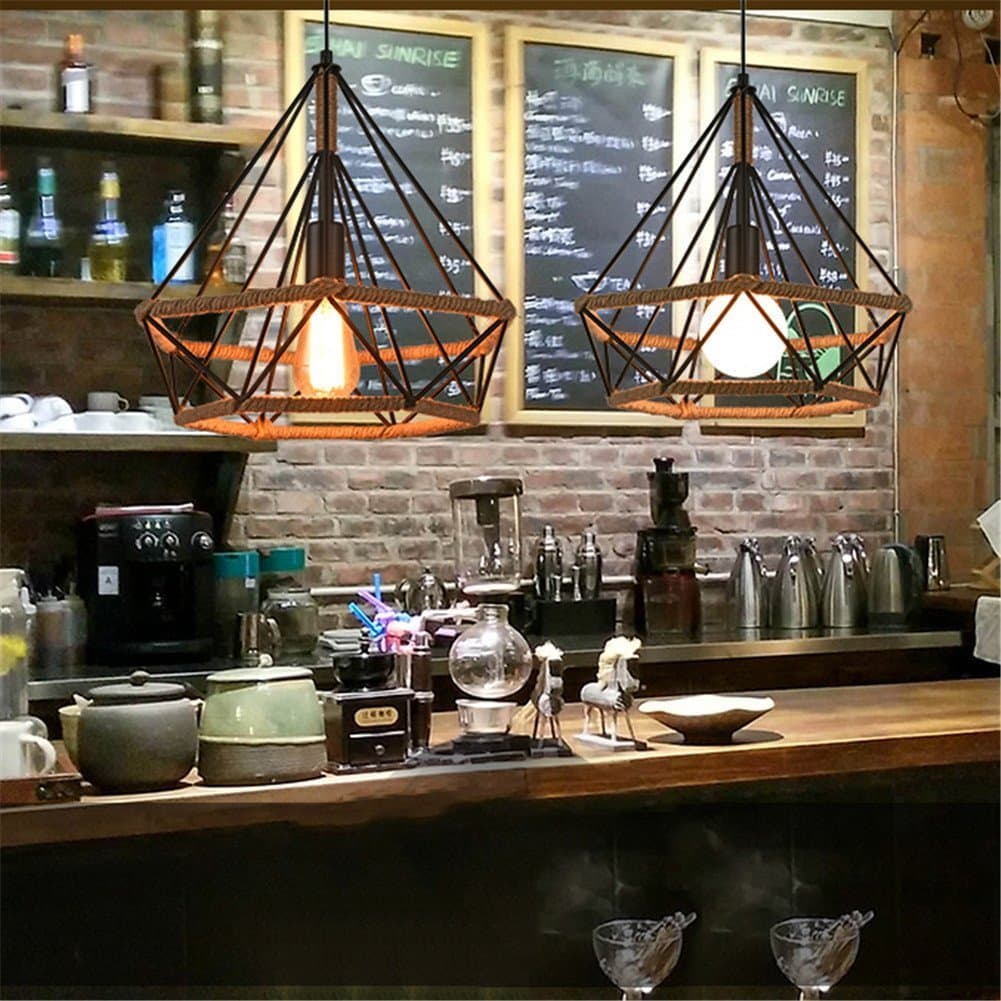 chendongdong E27 Industrial Vintage Cage Pendant Light Modern Art Pyramid Diamond Birdcage Chandelier Rustic Retro Loft Pyramid Rope Lamp Style Cafe Dining Ceiling Lamp Diameter 25 cm (1 pz) (A)