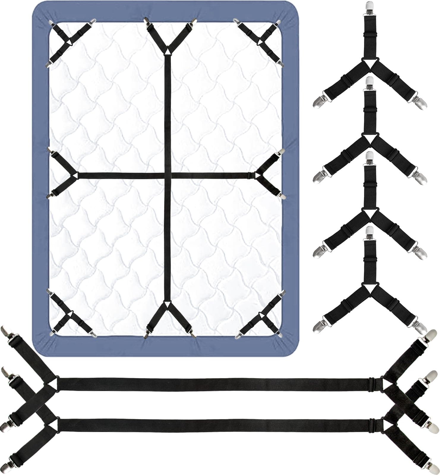 Bed Sheet Straps, 6 Pack Fitted Bed Sheet Fasteners Clips Adjustable Crisscross Bed Sheet Holder Straps for Corners Mattress Sheet Suspenders Grippers Bedding Accessories, Black