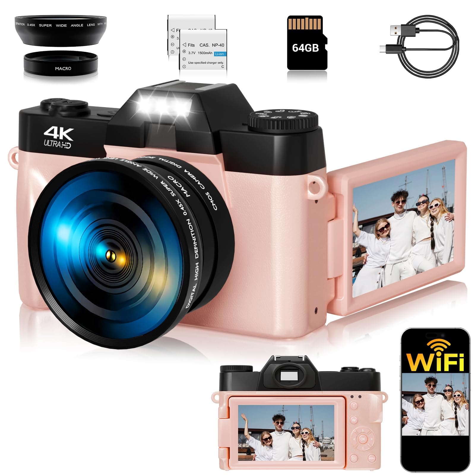 4K Digital Camera for Photography,75MP WiFi Vlogging Camera for YouTube with 3" 180° Flip Screen,16X Zoom, Anti-Shake,2 Batteries,Compact Point and Shoot Cameras with 64GB SD Card for Beginner,Pink