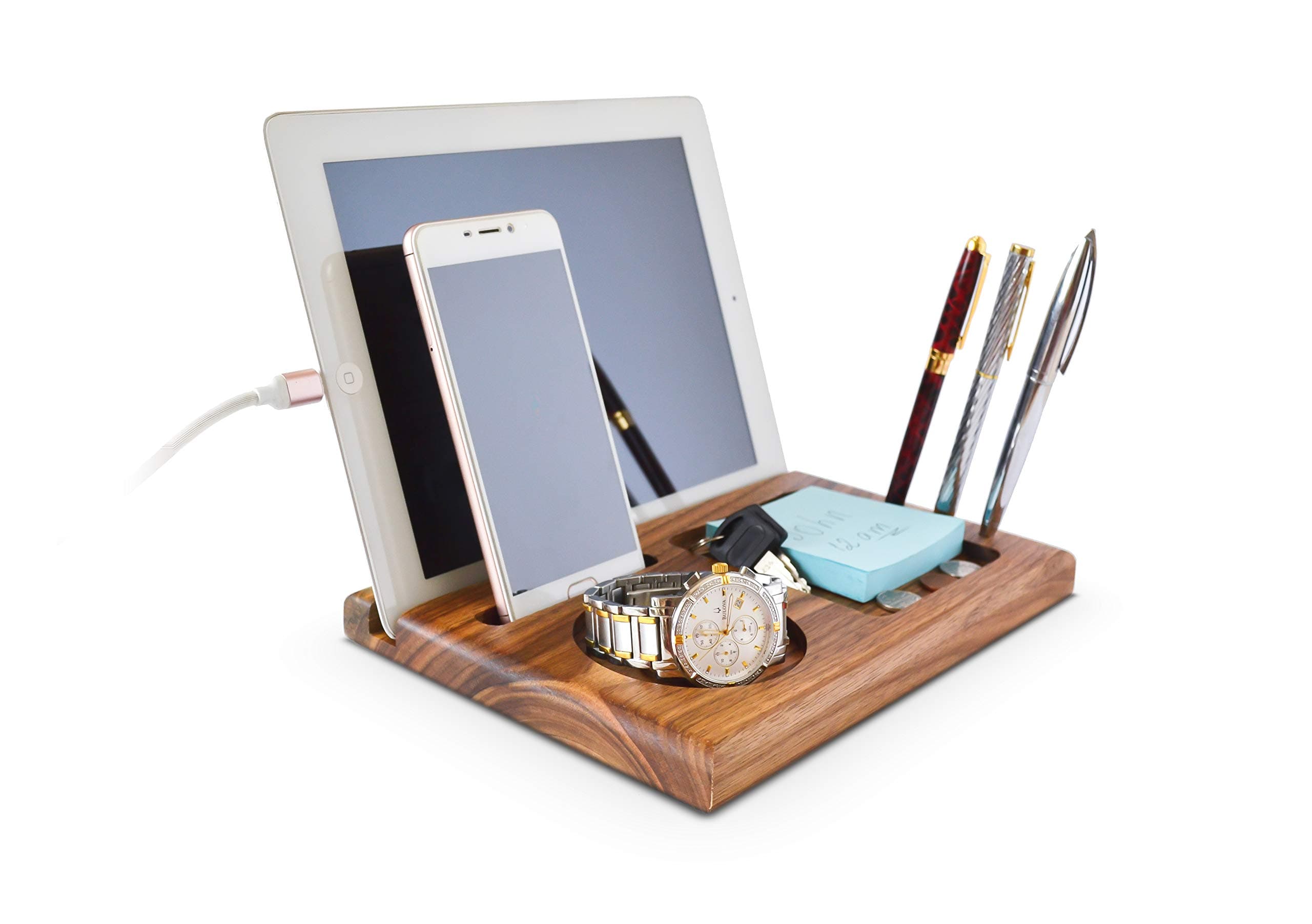 MyFancyCraft Natural Walnut Wood Phone Docking Station Wallet Stand and Watch Organizer Men Gift Compatible with any Phone Daily Use Handmade Tablet