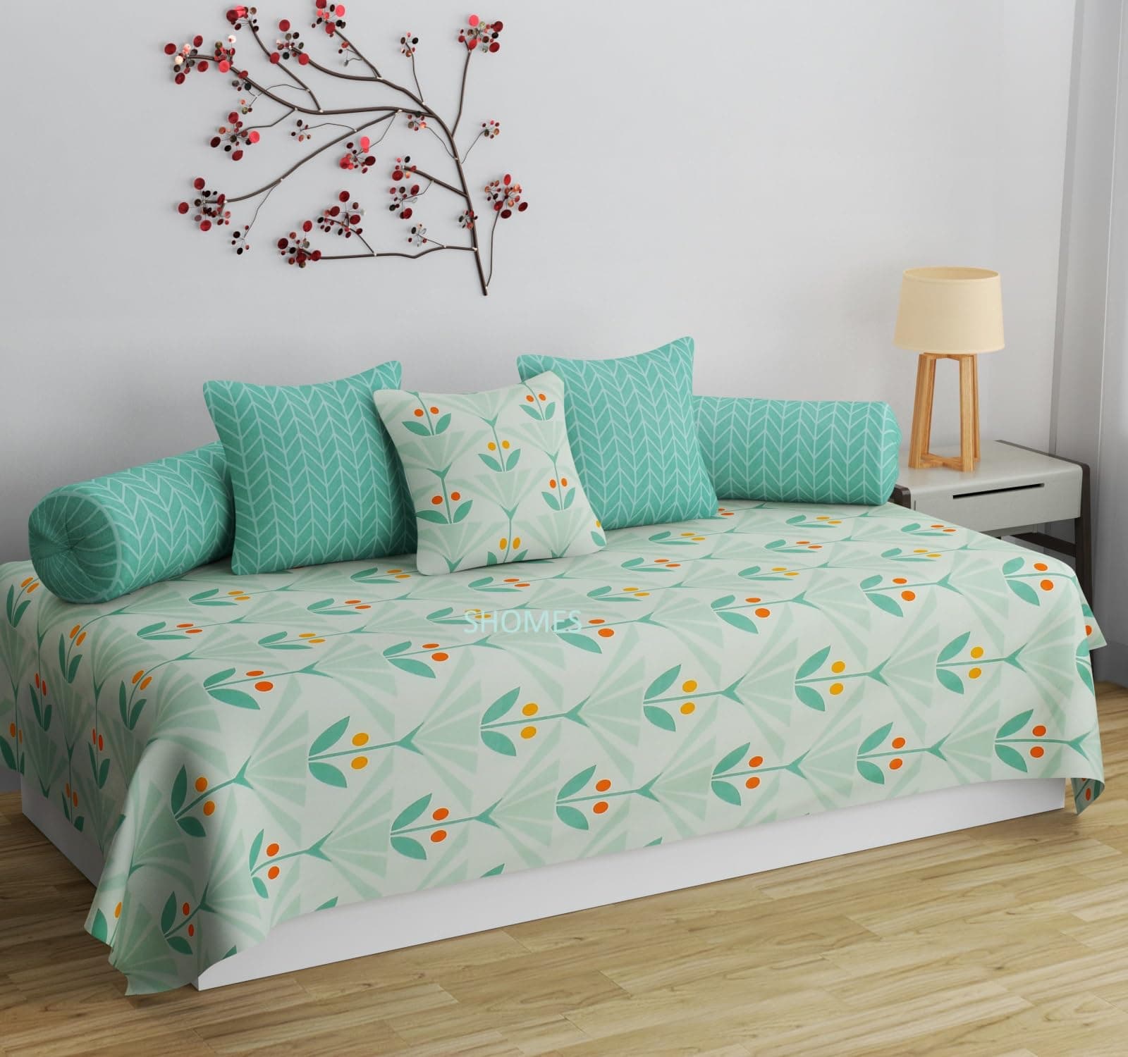Pure Soft Cotton Floral Printed 250 TC Diwan Set Covers 6 Pieces - 1 Single Bedsheet (60 X 90) With 3 Cushion (16 X 16), 2 Bolster Covers (16 X 32) - Green Floral