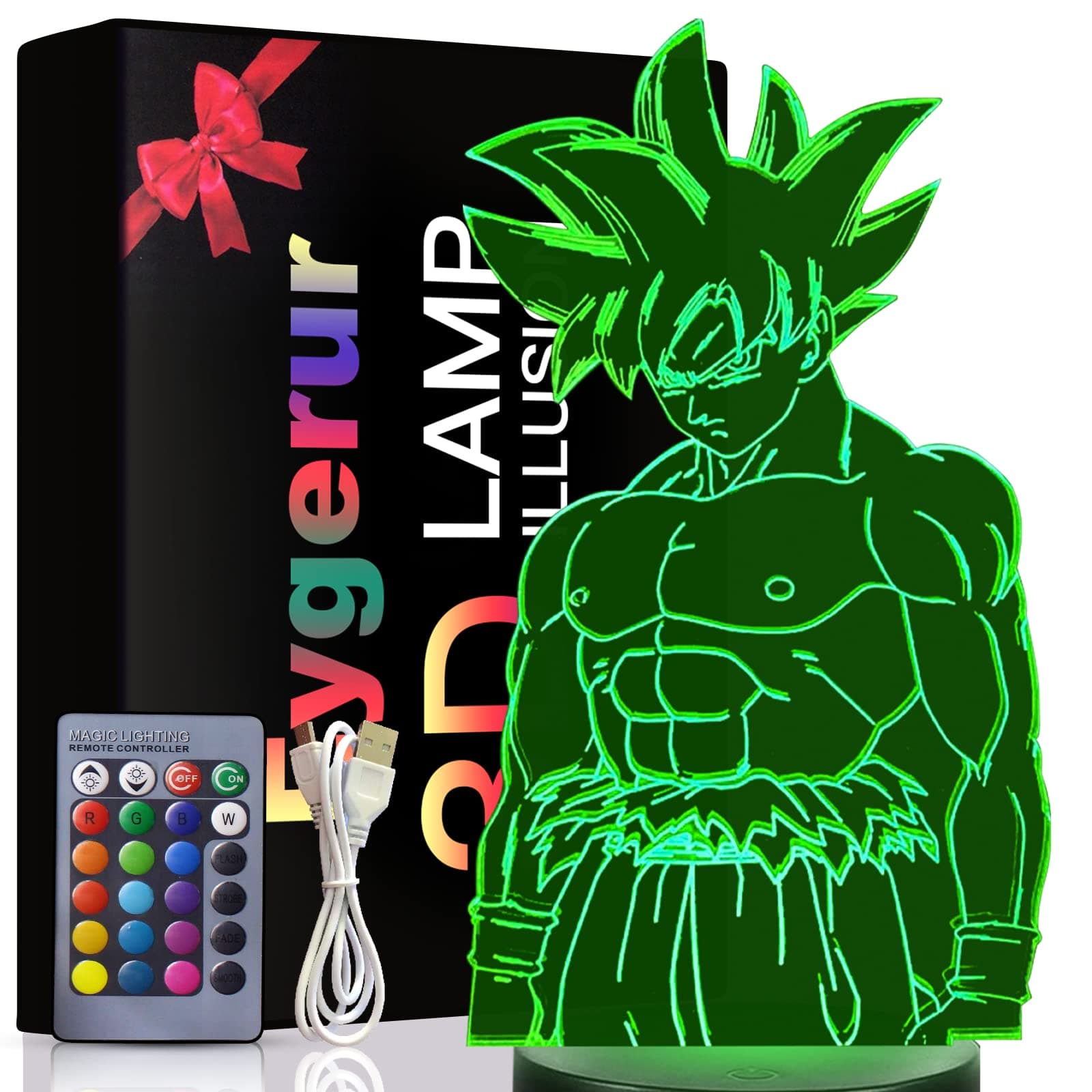 Anime Goku Gifts Toy Decoration Night Light 3D LED Illusion Lamp with Remote Control & Touch 7 Colours + 16 Colours Changing Opreated Dimmable Bedside Lamp for Kids Men Goku Fans