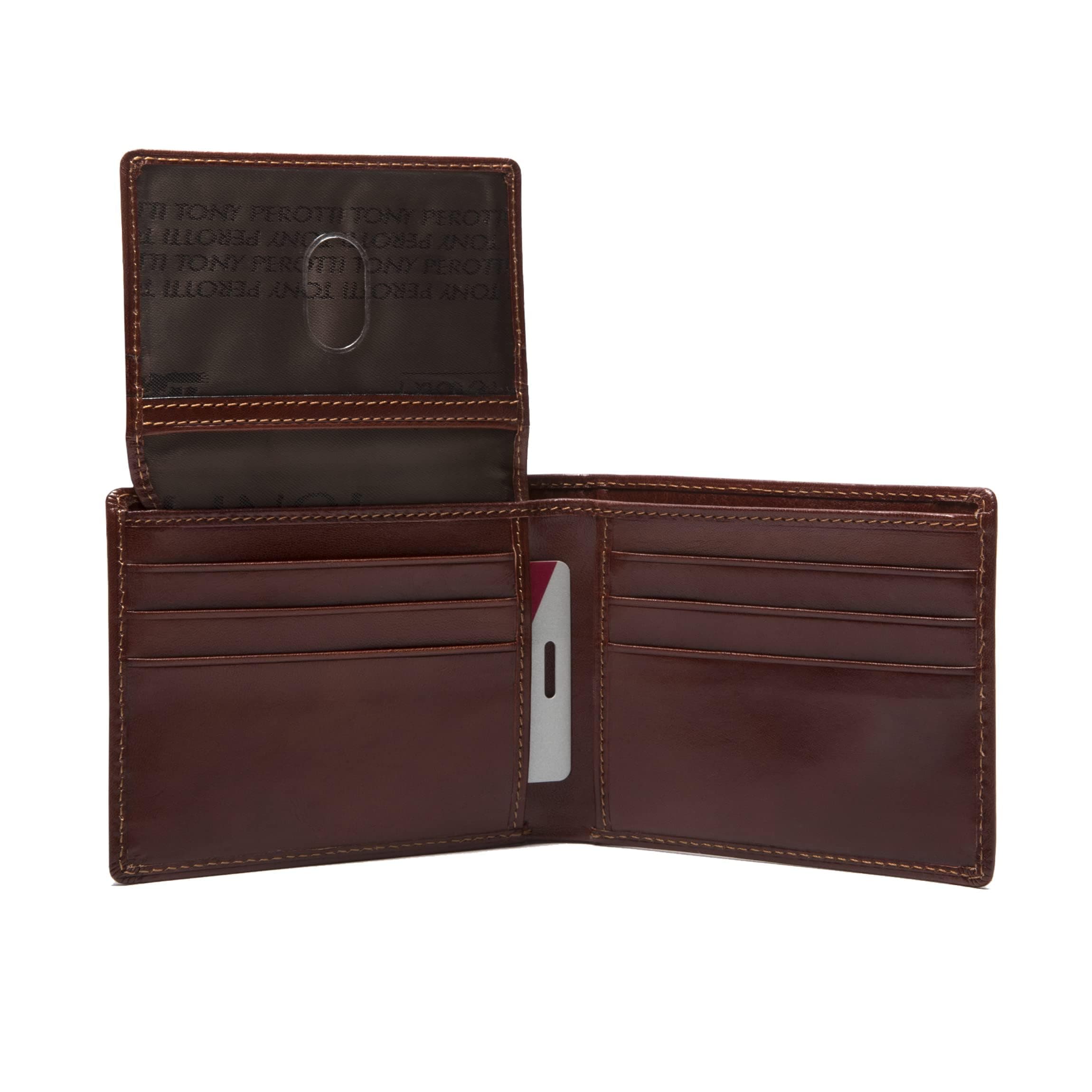 Tony Perotti Men's Italian Leather Bifold Wallet With ID Window Flap, Card Holders, Pocket Size 4.5"(w) - Eco-Friendly Vegetable-Tanned