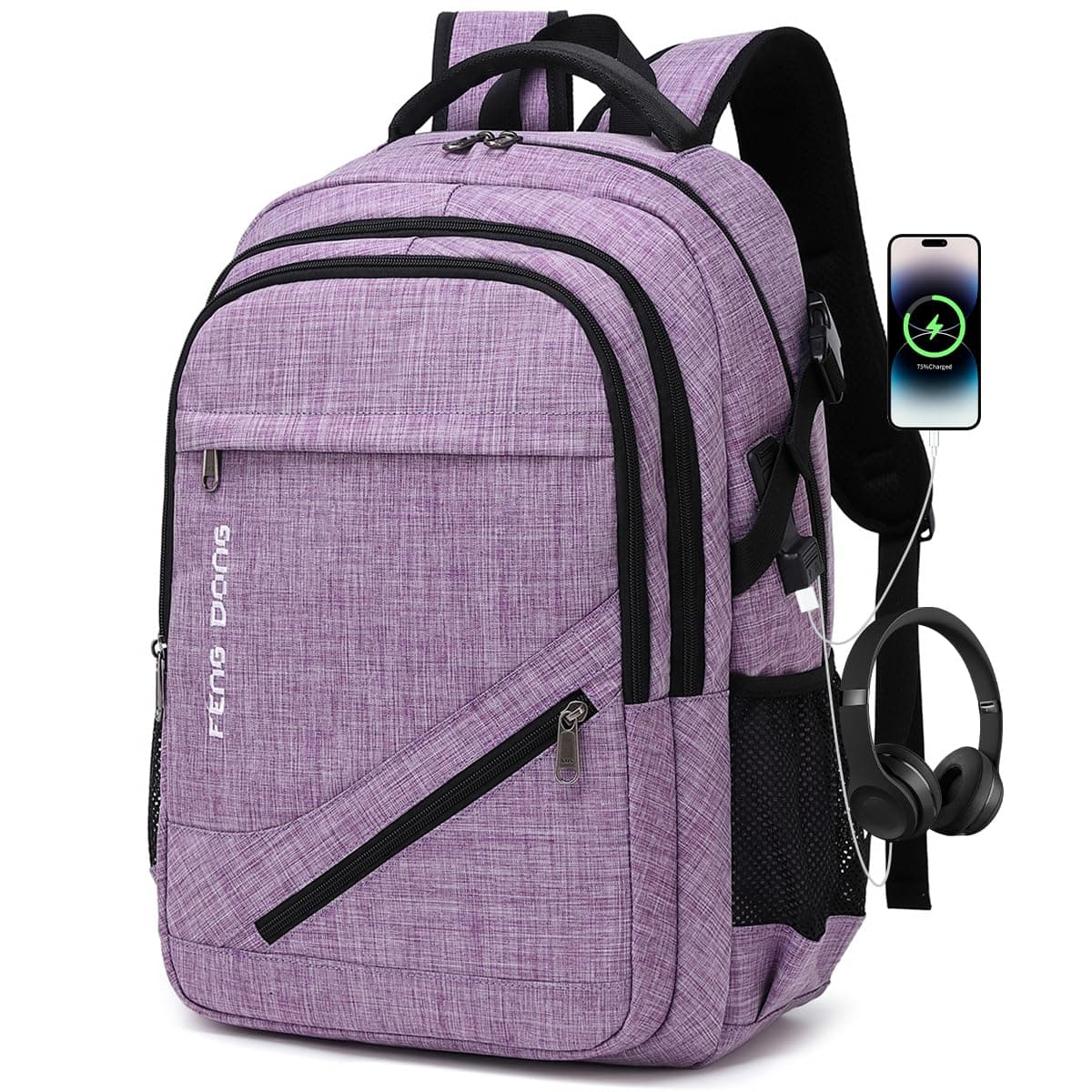 FENGDONG Large Laptop Backpack 17.3 inch Durable Waterproof Travel College Backpack Bookbag for Men & Women Business Backpack with USB Charging Port and Headset Port Light Purple