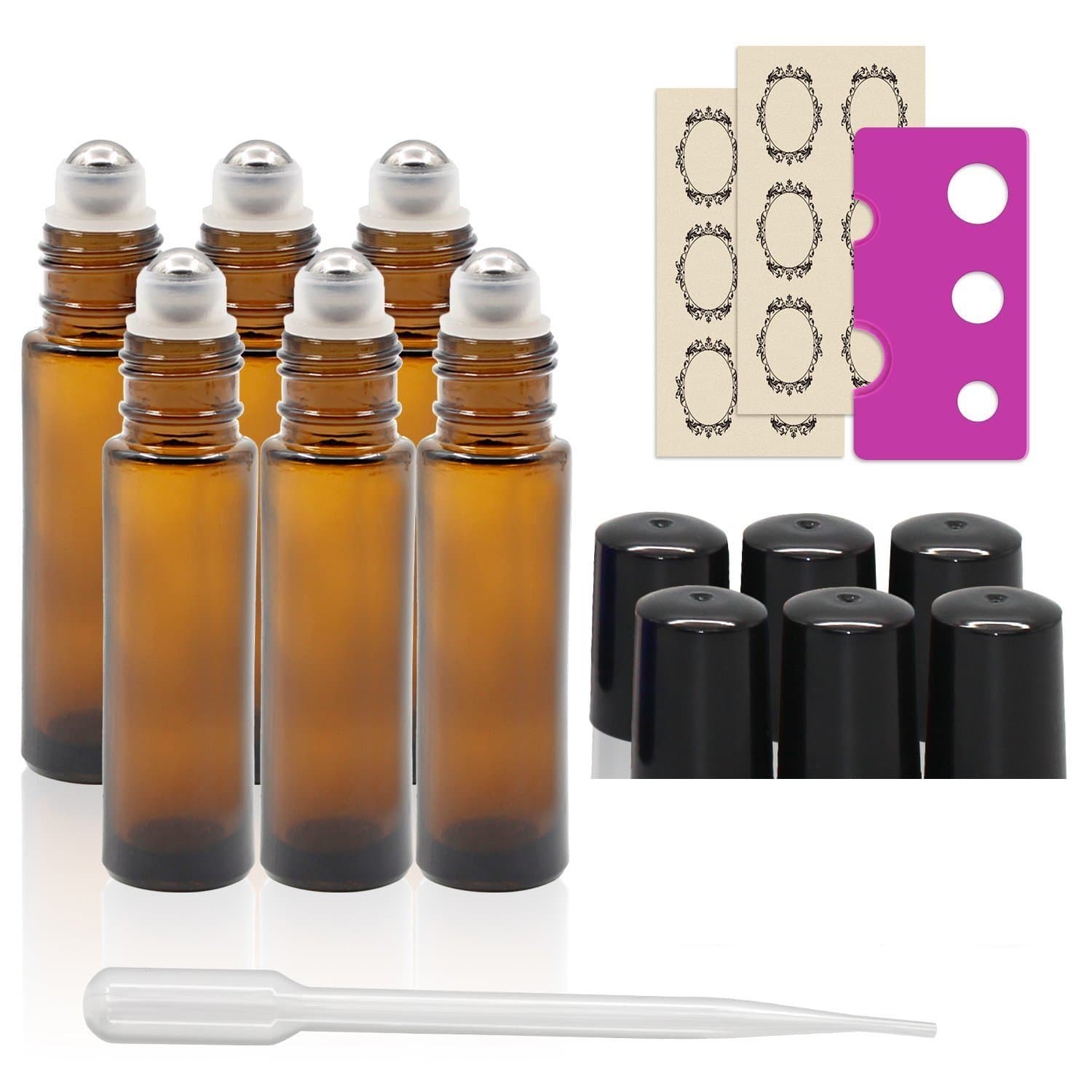 True Aroma, 6 pcs, 10ml Amber Glass Roller Bottles with Stainless Steel Roller Ball for Essential Oil - Includes 6 Pieces Labels, Essential Oils Opener, 1 Droppers (6pc Amber Set)