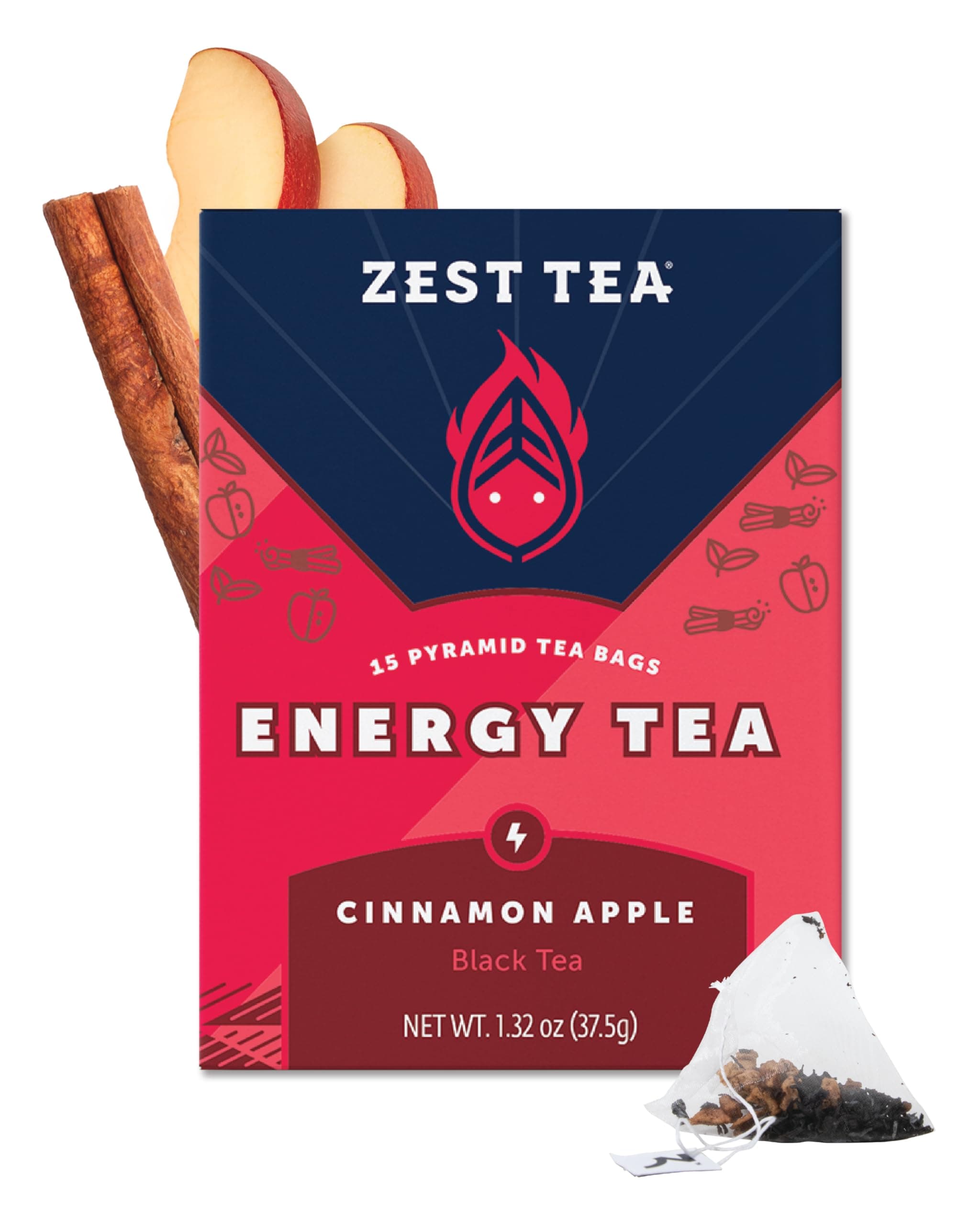 Cinnamon Apple Spice Energy Tea – High Caffeine Black Tea Bags for Focus, Clarity & Morning Energy – Natural Non-GMO Caffeinated Breakfast Tea – Cozy Fall Focus Tea with 150mg Caf – 15Ct Box