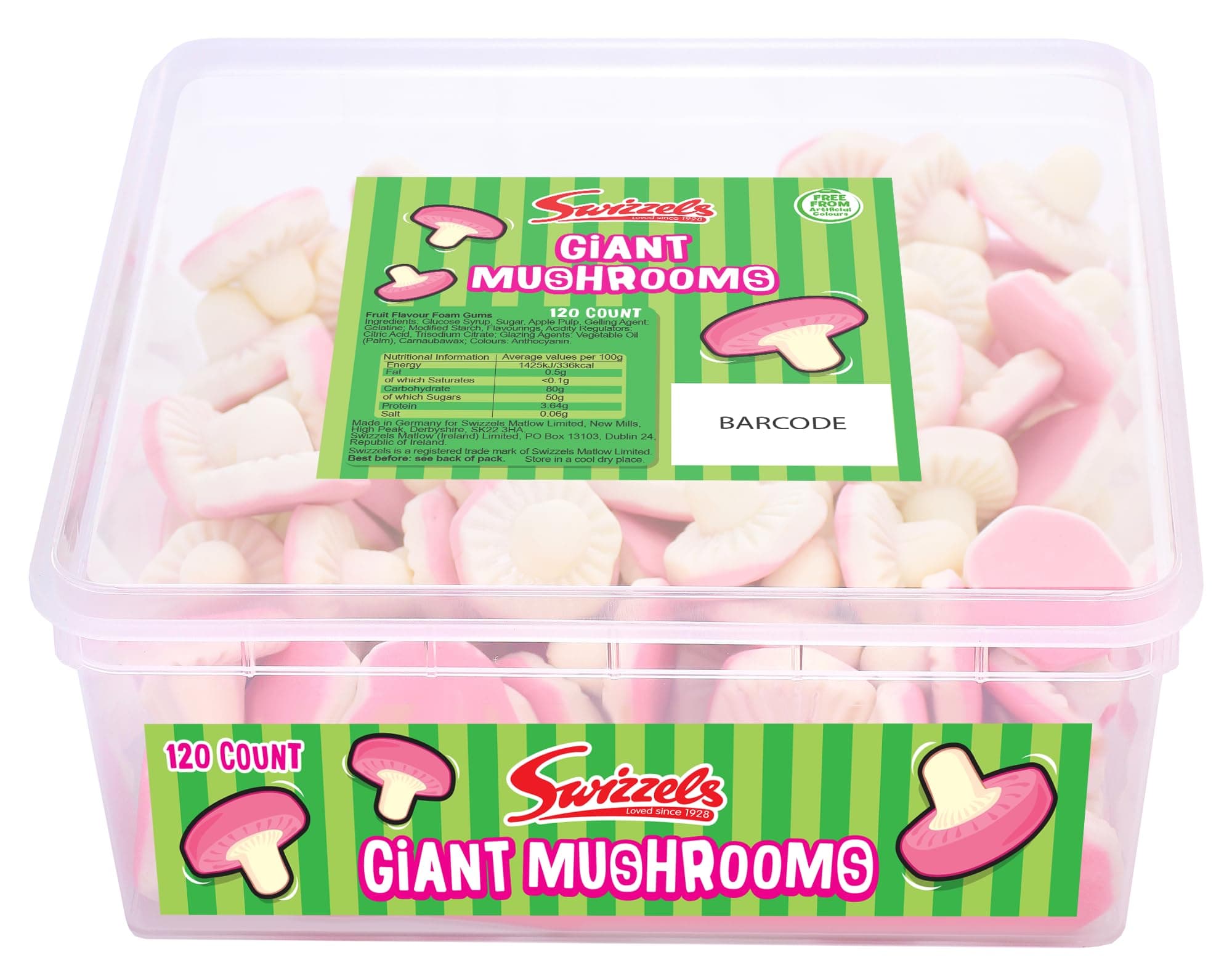 Sweet Tubs, Giant Fun Gums Foam Mushrooms, Fruit Flavour Sweet Gums, Sharing Tub of Sweets, Free from Artificial Colours (120 Sweets Approximately)
