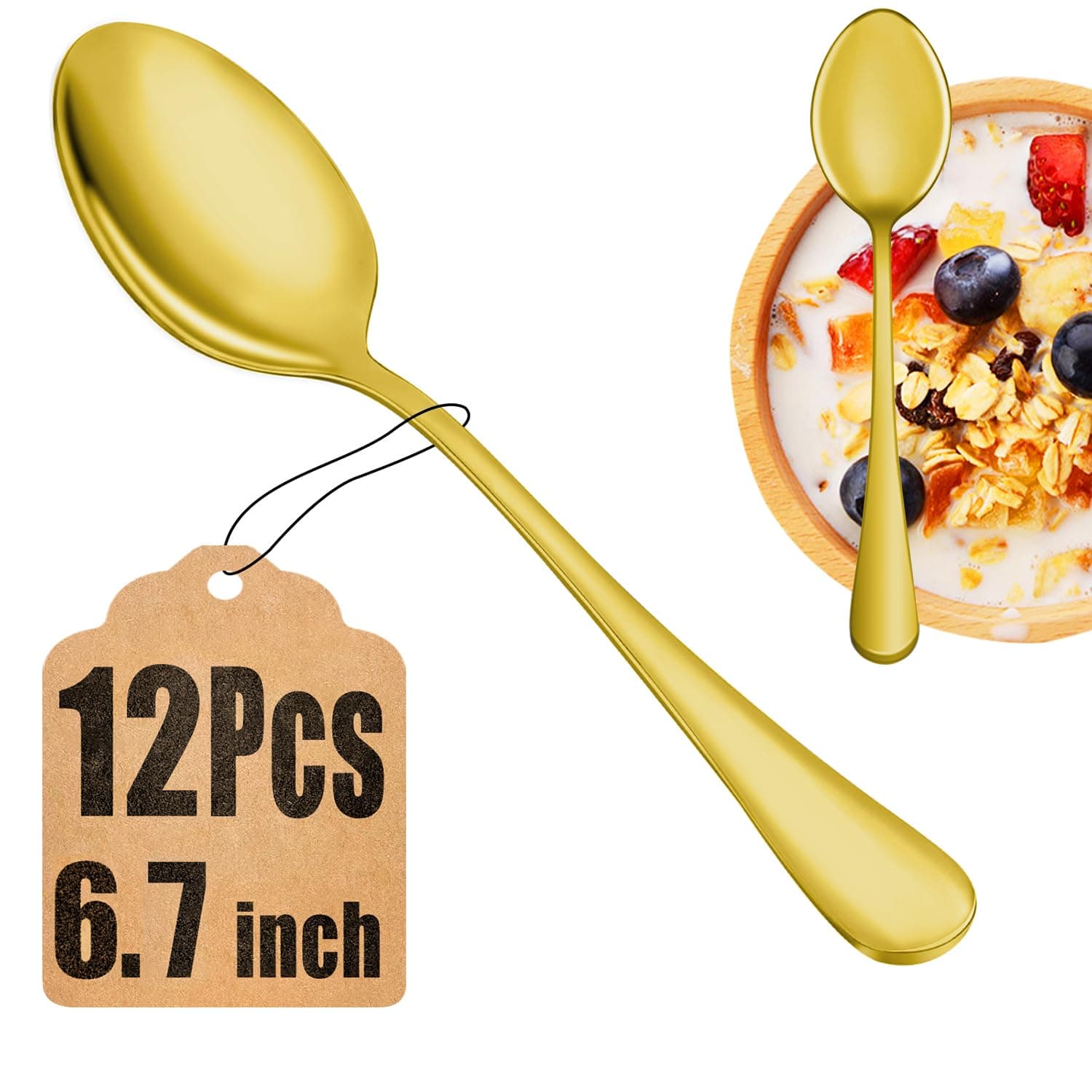 12 Piece Gold Dessert Set - Stainless Steel Tea Spoons, Durable Small Spoons, Mirror Polished & Dishwasher Safe, 6.7-Inch