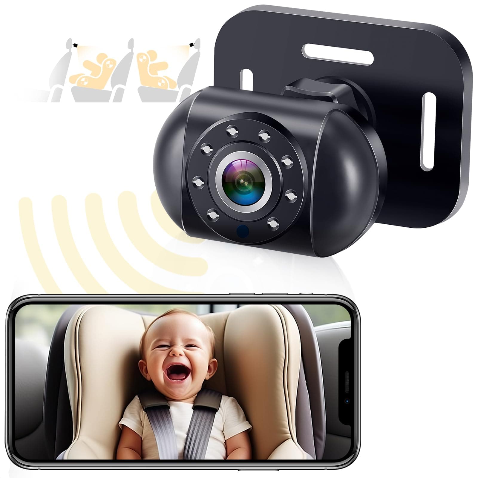 Baby Car Camera for Backseat: Battery Powered Easy Setup Video Record - HD 1080P Infant Carseat Camera for iPhone Only - Clear Night Vision Rear Facing for 2 Kids - V12