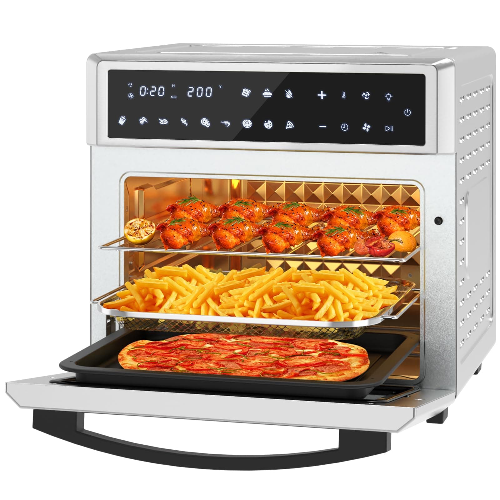 26L Air Fryer Oven with Rotisserie, 12-In-1 LED Display Touch Panel Large XXL Oil Free Electric Oven, Stainless Steel, 1700W-60℃-230℃, 7 Accessories, Silver