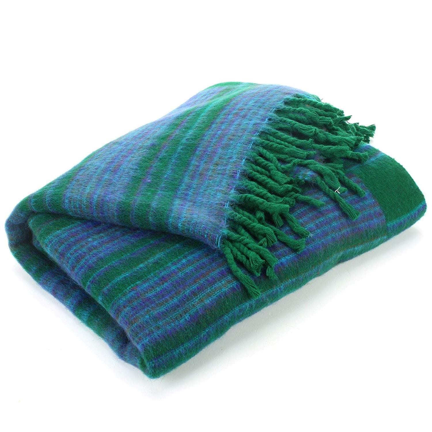 Hill QueenVegan Wool Shawl Blanket - Stripe - Racing Green Blue