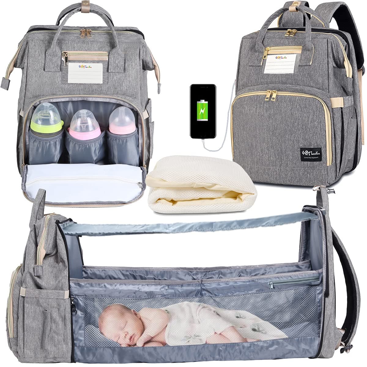3 in 1 Diaper Bag Backpack Organizer, Portable Mummy Bag Include Insulated Pocket, Multi-Functional Baby Backpack Organizer with Diapers Changing Station for Essential Items Grey
