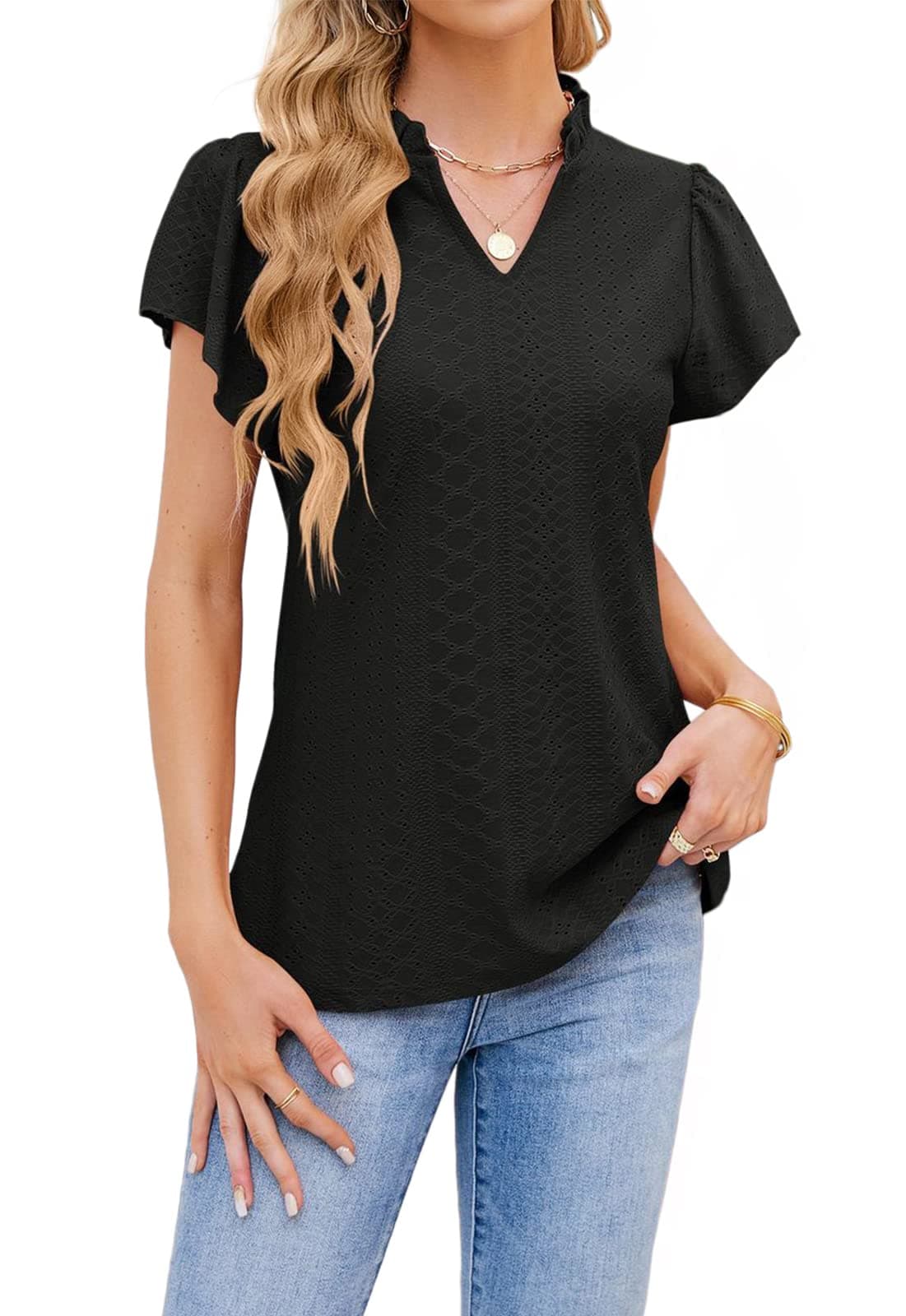 T1FE 1SFEWomens Summer Tops Ruffle Ladies V Neck Blouse Short Sleeve T Shirts