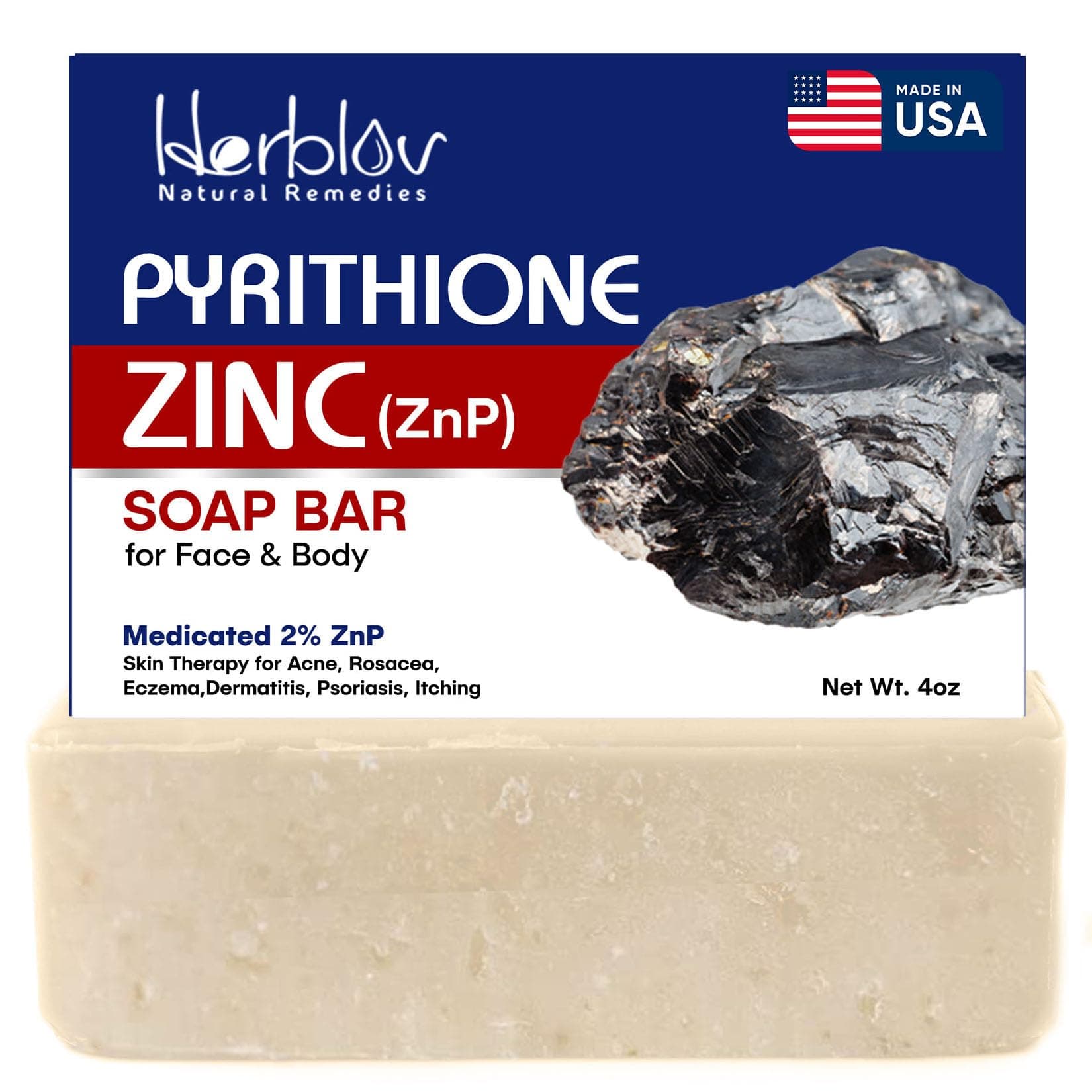 Pyrithione Zinc Soap Bar for Face & Body, 4oz | 2% ZnP Bar Soap Skin Therapy Cleanser for Acne, Rosacea, Eczema, Dermatitis, Psoriasis, Itching | Cleansing, Calming Facial Wash | Made in USA