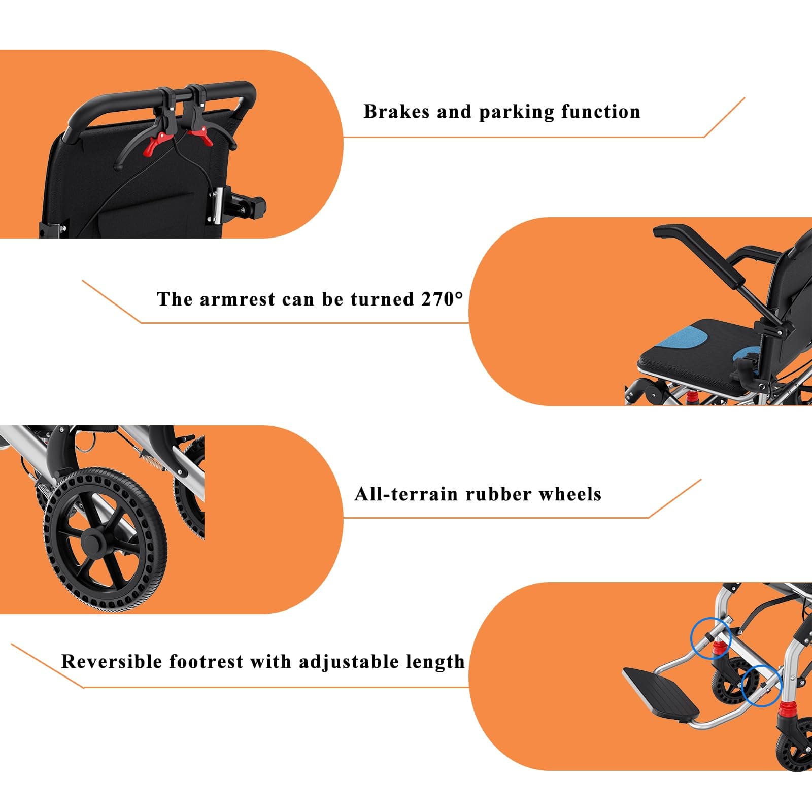 Lightweight Wheelchairs Transport Chair Lightweight Foldable with Telescopic Handle, Portable Folding Travel Transfer Wheel Chairs with Hand Brake for Seniors & Adults