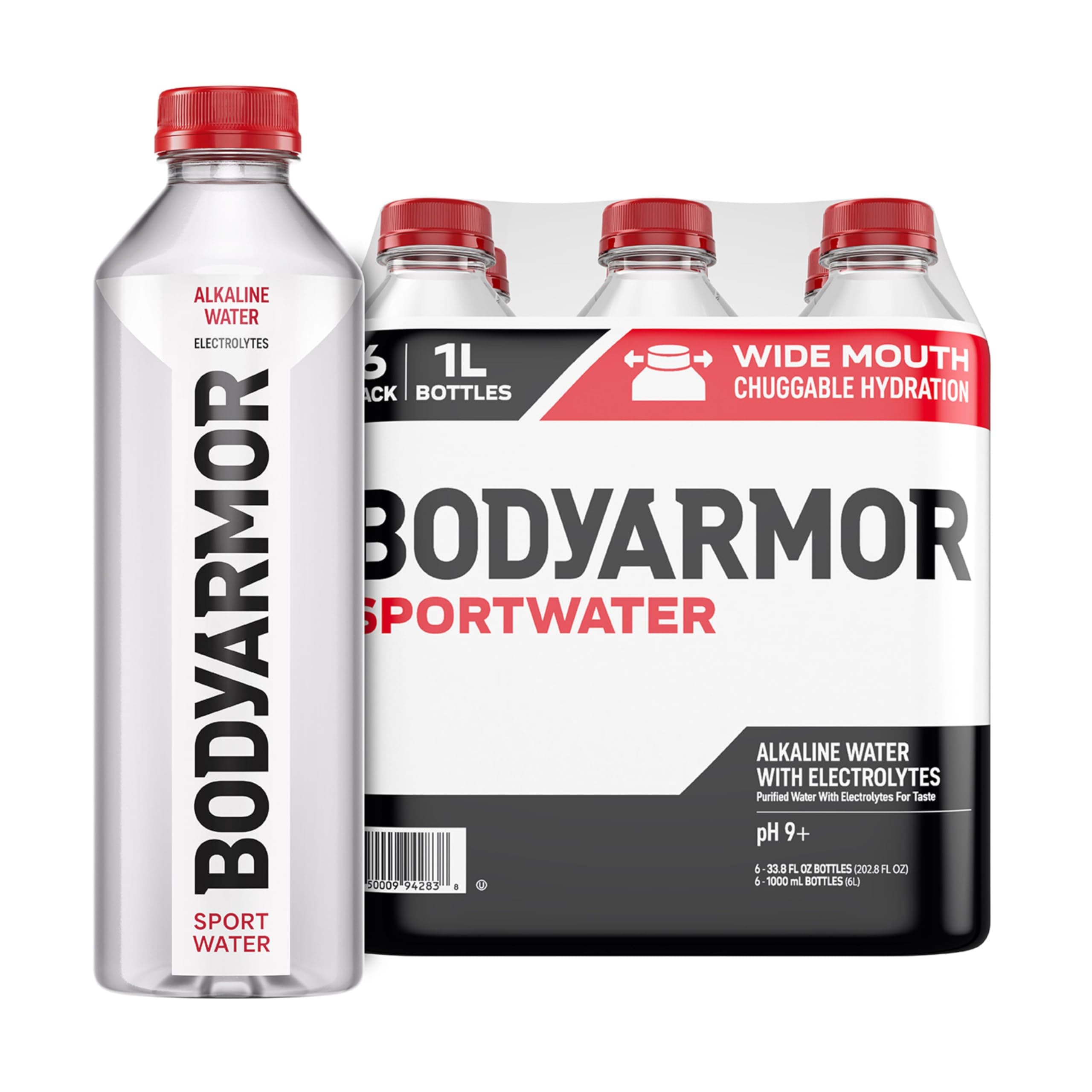 SportWater Alkaline Water, High Alkaline Bottled Water, pH 9+, 1 Liter (6 Pack), Refreshing Electrolyte Water Pack, Wide Mouth Bottle