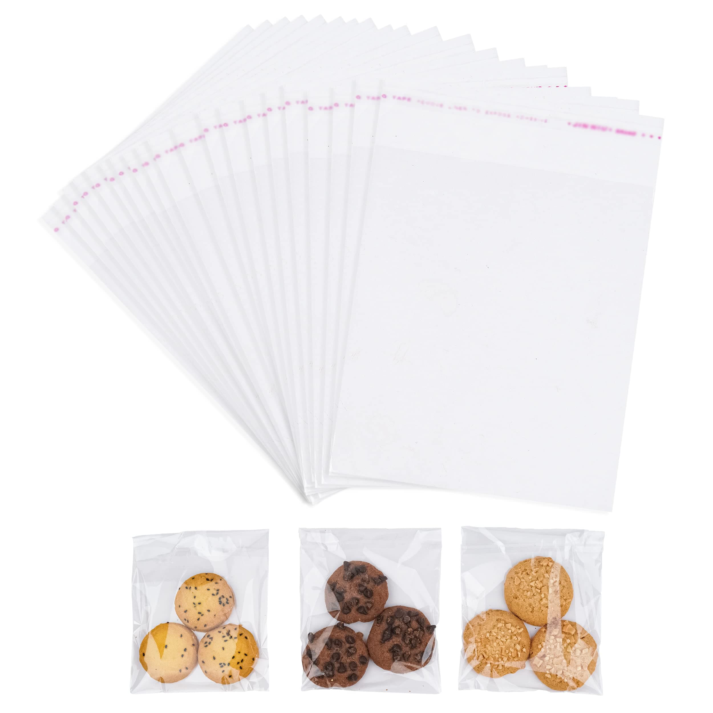 Self Seal Clear Cellophane Bags - Pack of 100 (5 x 7 inches) Food Safe Adhesive Bags for Sweets, Candy, Gifts, Jewelry, and Cards
