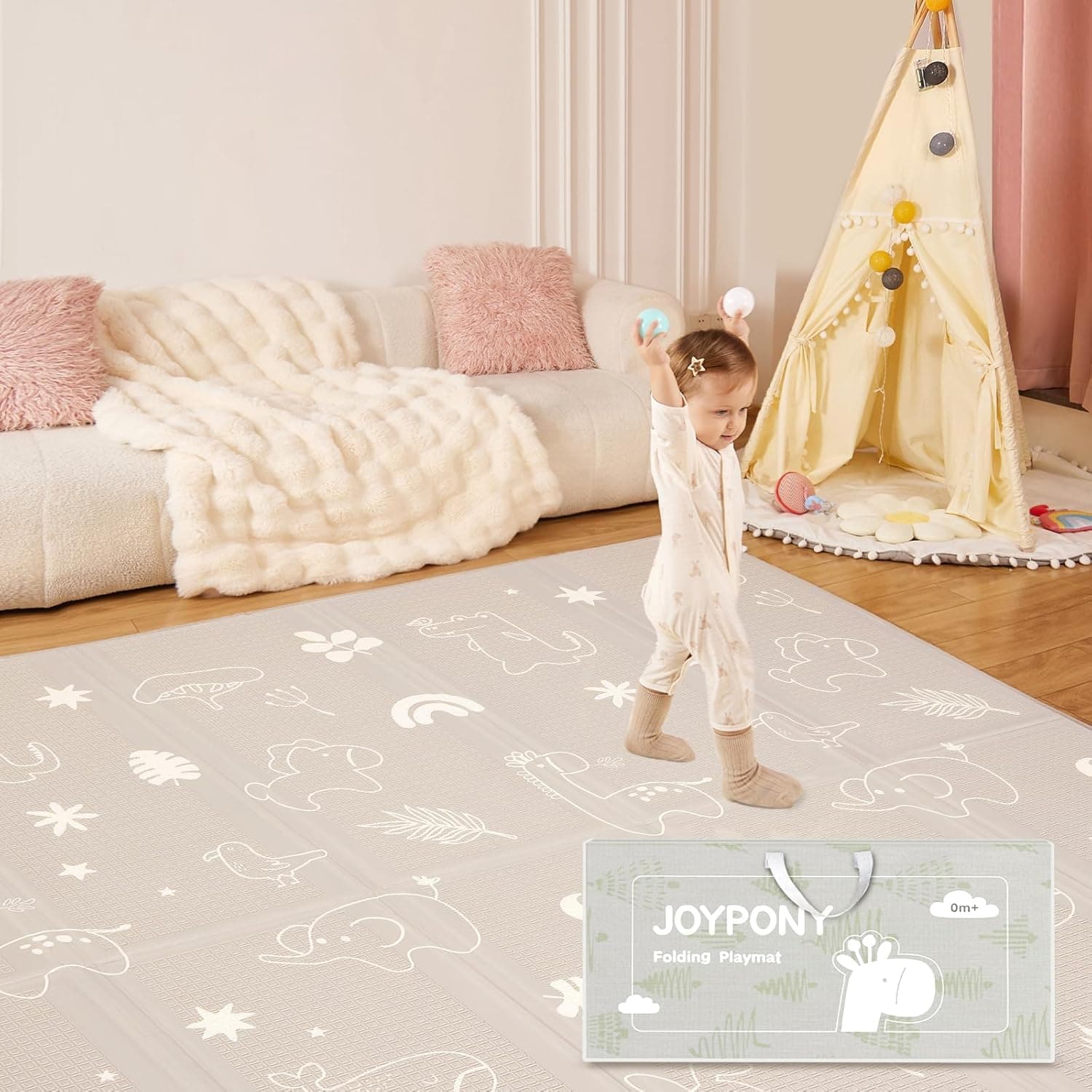 Joypony Baby Play Mat, 180 x 150 x 1 CM Foldable Play Mats for Babies and Toddlers, Waterproof & Anti-Slip Portable Baby Floor Mat for Tummy Time, Baby Mat for Floor with Travel Bag for Indoor Outdoor