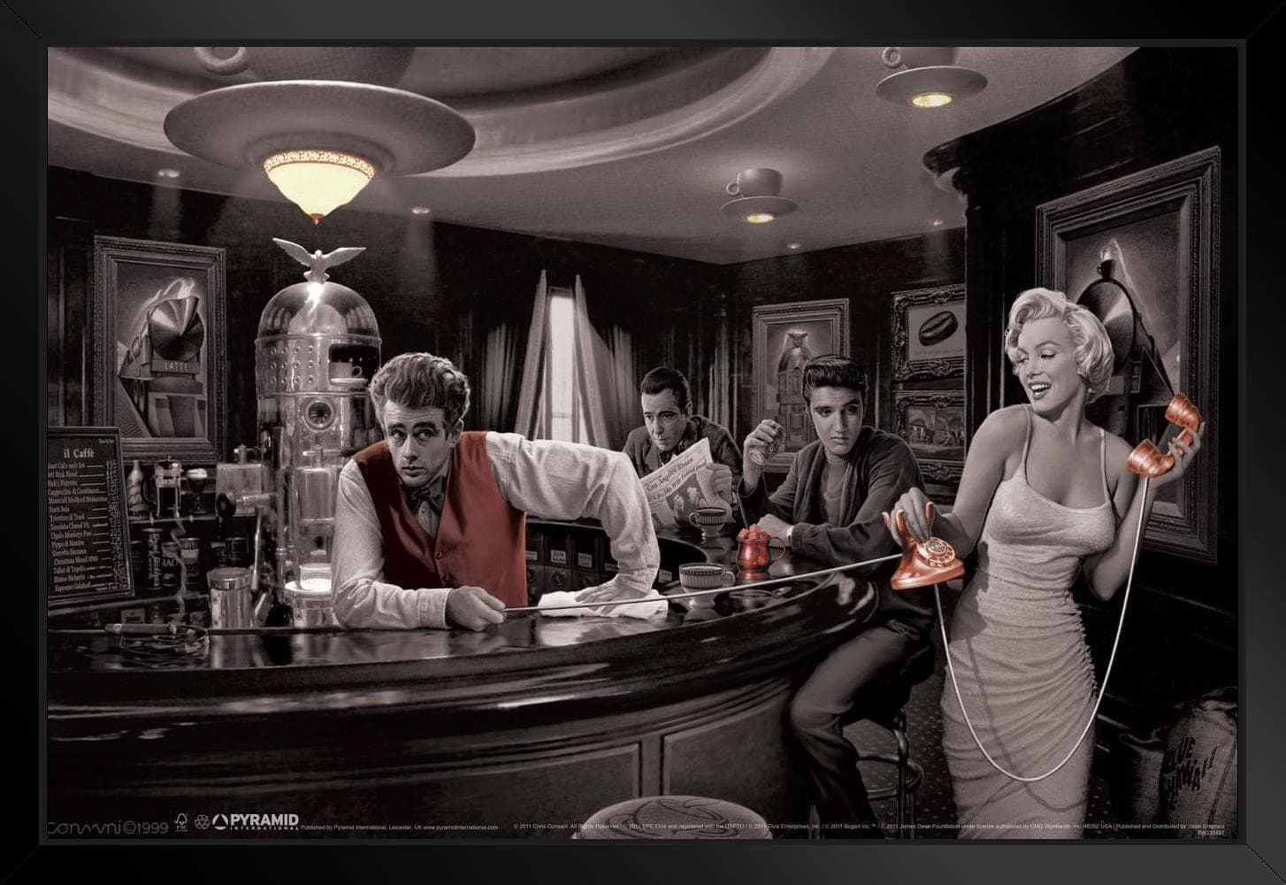 Pyramid America Java Dreams with James Dean Marilyn Monroe Elvis Presley and Humphrey Bogart by Chris Consani Bar Pictures Hollywood Wall Art Print Poster Black Wood Framed Art Poster 20x14