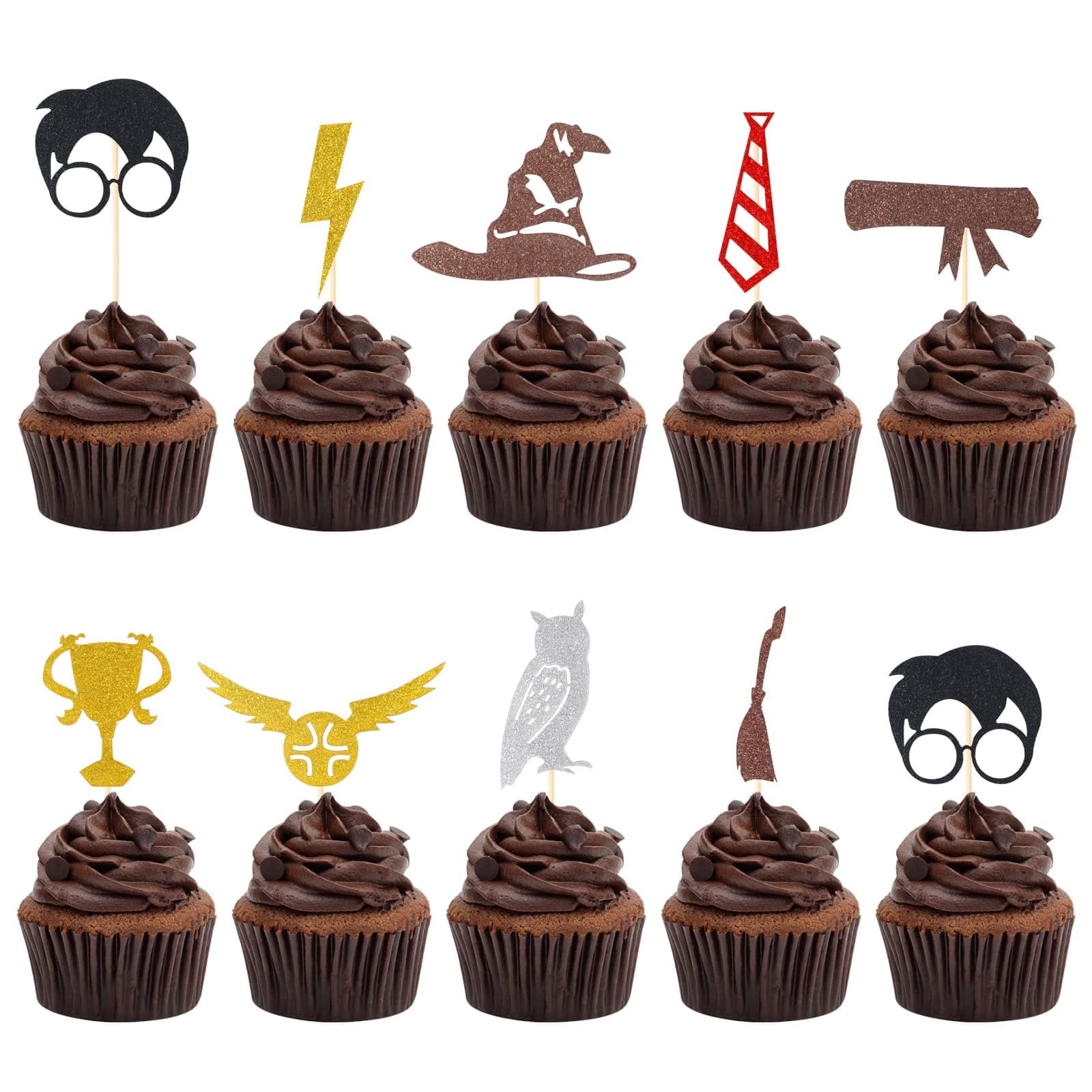 CCINEE40 Pack Glitter Wizard Cupcake Toppers, Magical Inspired Cupcake Picks Magical School Wizard Theme Baby Shower Birthday Party Cake Decorations Supplies