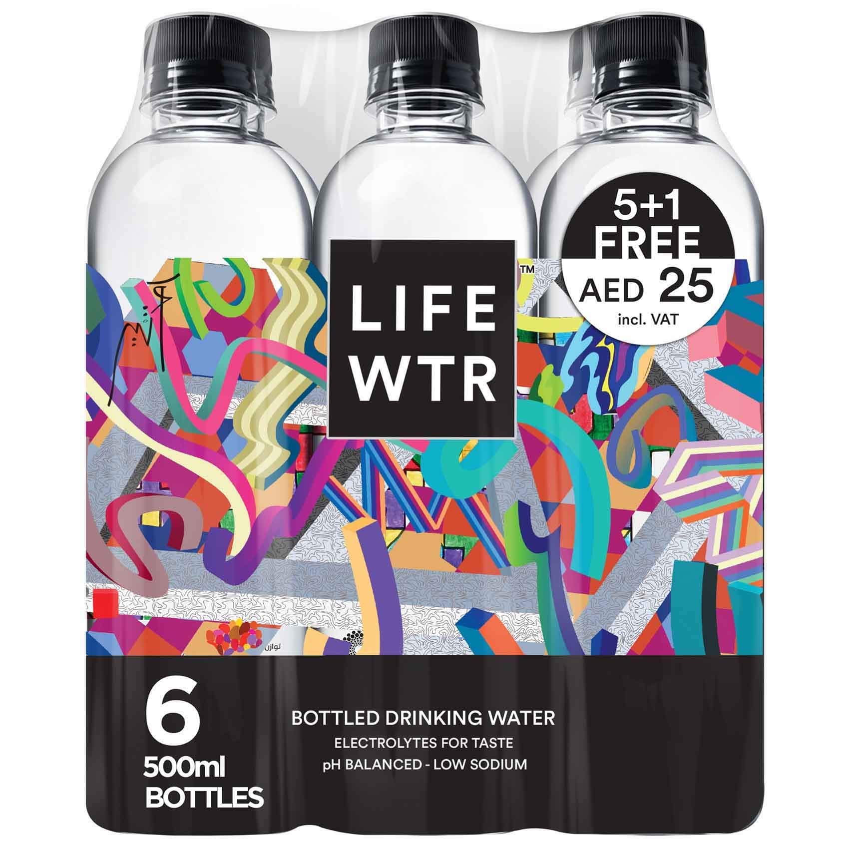 LIFEWTR, non-carbonated water bottle, low sodium, with electrolytes, 500ml x 5+1 free, promo pack