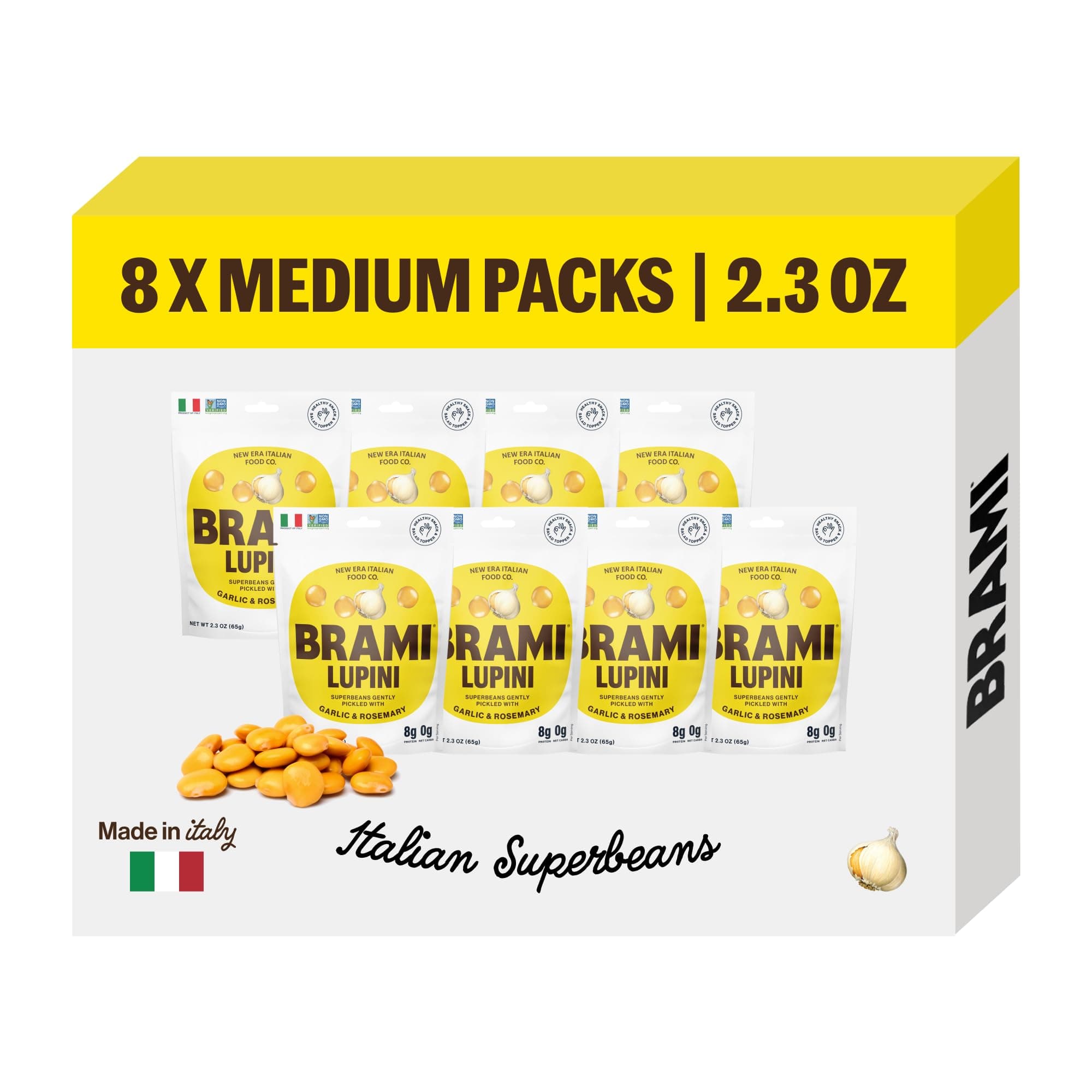 Brami Lupini Beans Snack, Garlic & Rosemary | 9g Plant Protein, 0g Net Carbs | Vegan, Vegetarian, Keto, Mediterranean Diet | 2.3 Ounce (Pack of 8)