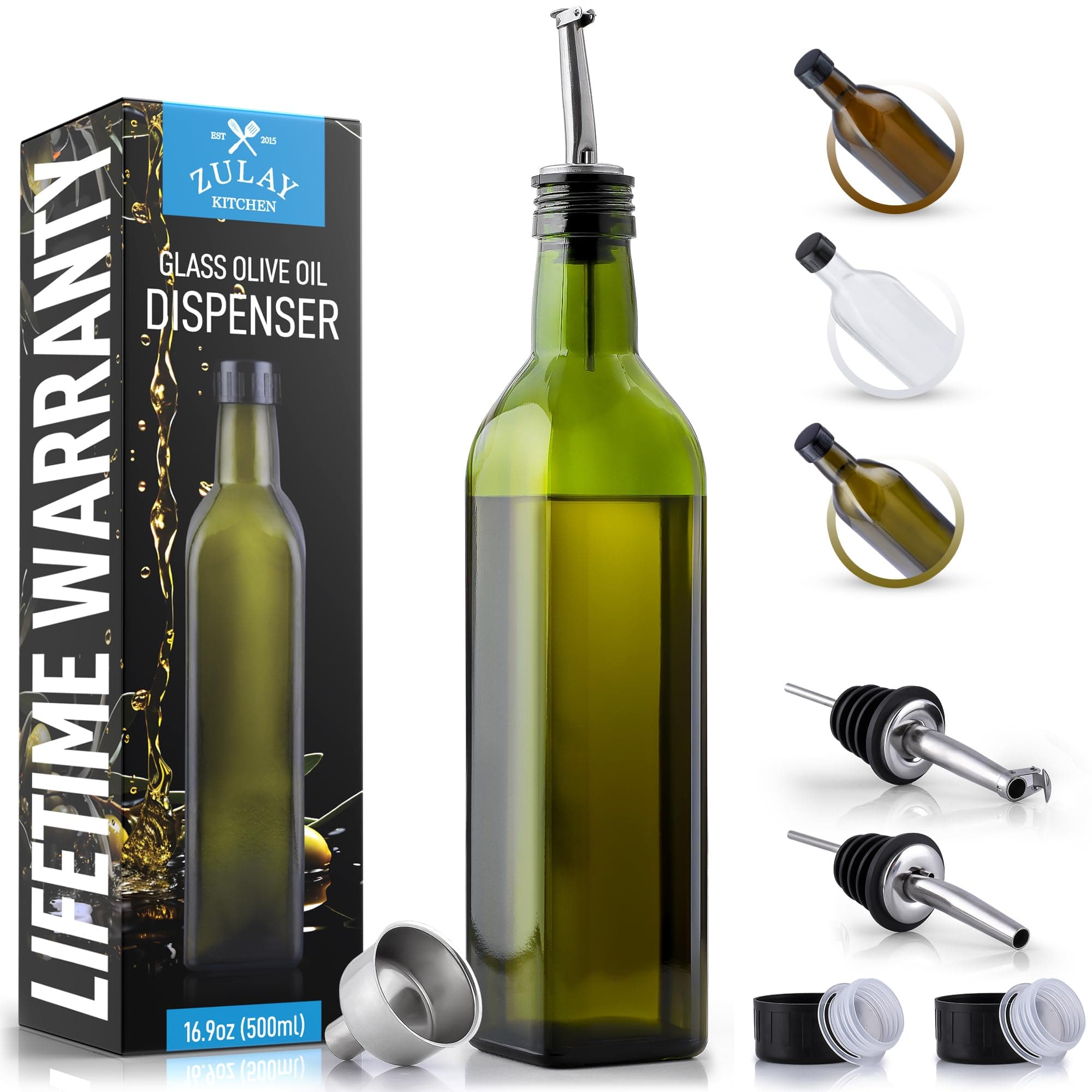 Zulay Kitchen 17oz Olive Oil Dispenser Bottle – Glass Oil Cruet with Spout, Funnel & Pourers, Easy-Pour Decanter for Kitchen Cooking and Serving (Green)