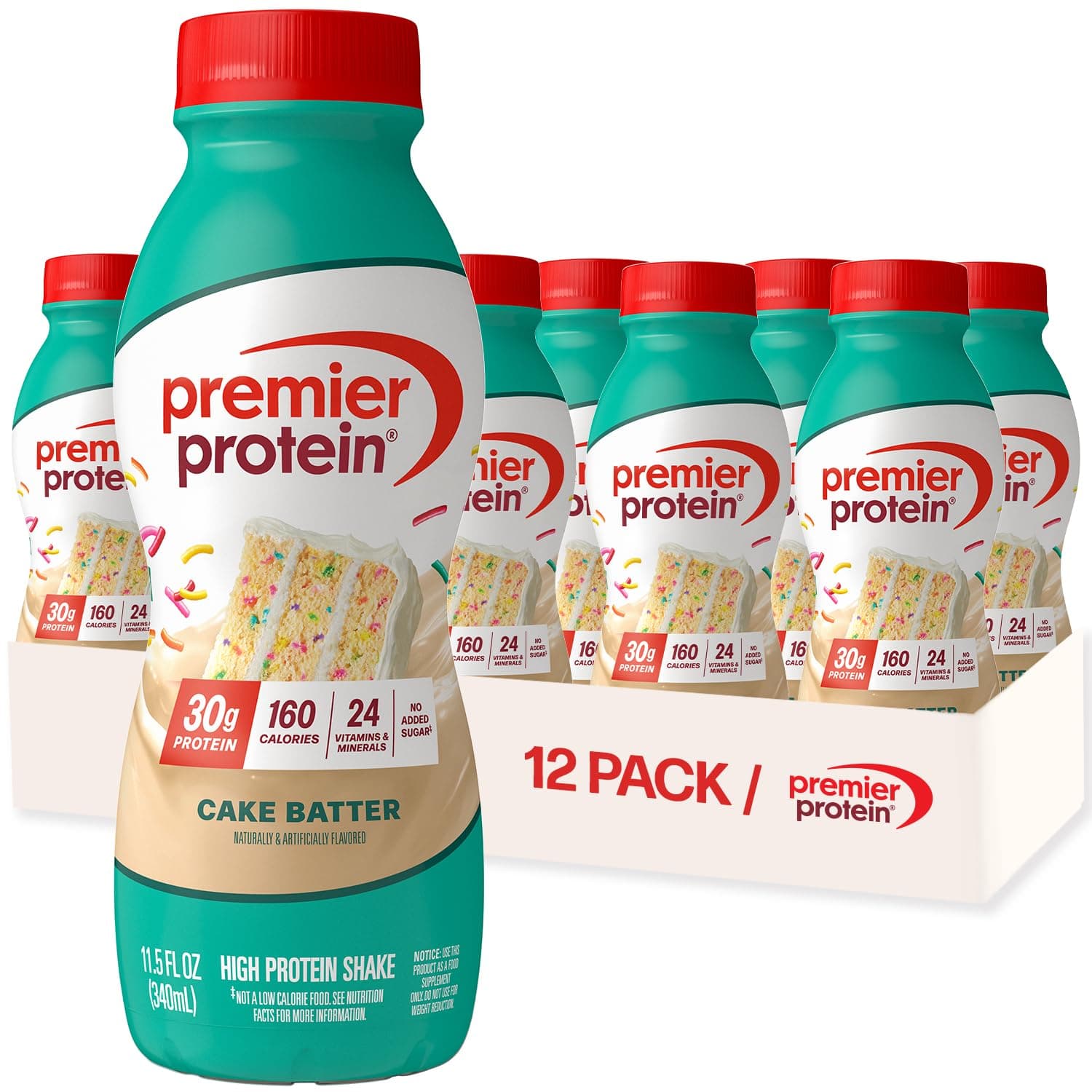 Premier Protein Shake, Cake Batter, 30g Protein, 1g Sugar, 24 Vitamins & Minerals, Nutrients to Support Immune Health, 11.5 Fl Oz, 12 Count