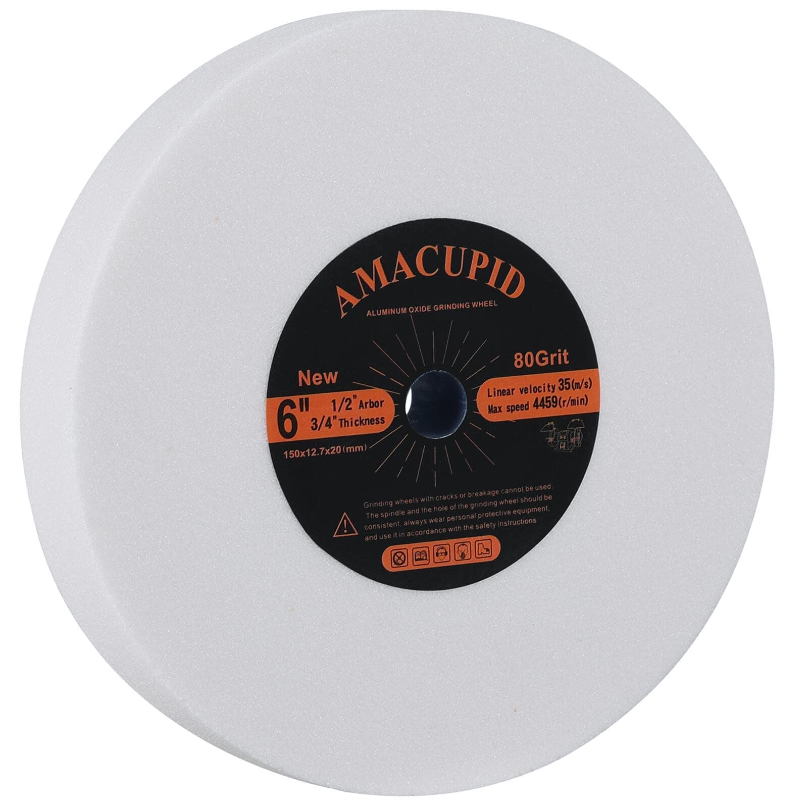 Bench Grinding Wheel 6 Inches, Aluminum Oxide Abrasive. For Sharpening Hardened Steel, High Carbon Steel and Other Hard Tools. 1/2 Inch Arbor, 3/4 Inch Thickness, 80 Grit