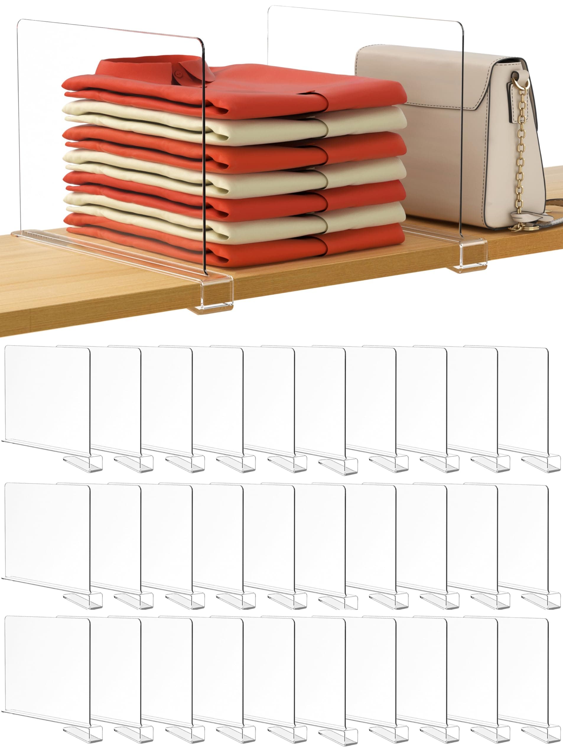 HBlife 30 Pack Clear Shelf Dividers, Vertical Purse Organizer for Closet Perfect for Sweater, Shirts, Handbags in Bedroom and Kitchen, Adjustable Acrylic Bookshelf for Organization
