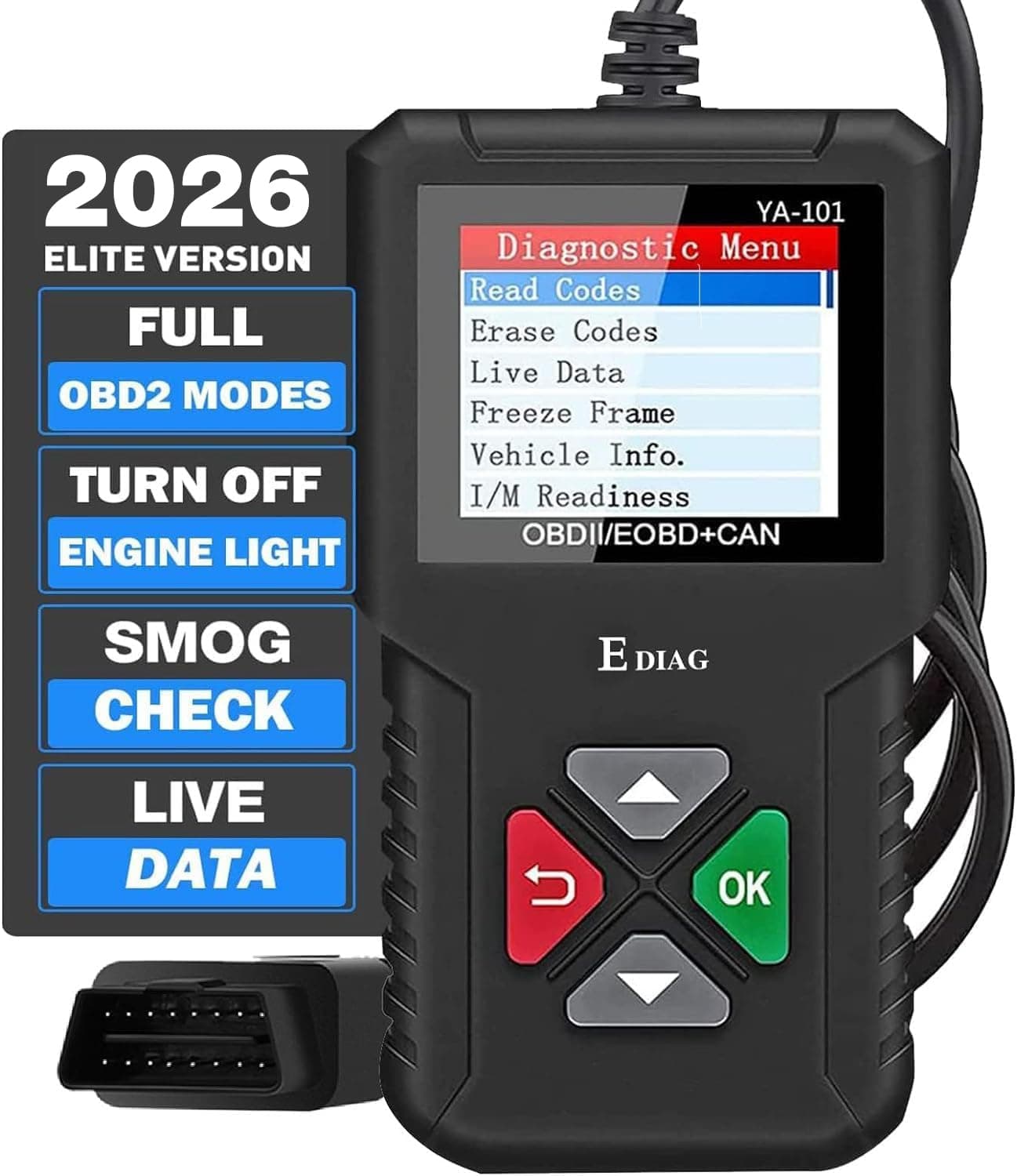 EDIAG 2023 Ver. OBD2 Scanner YA-101 Auto Code Reader for Check Engine Light,O2 Sensor,EVAP Test,On-Board Monitor Test,Smog Check,OBD2 Diagnostic Scan Tool for All OBD2 Cars Since 1996-Upgrade Version
