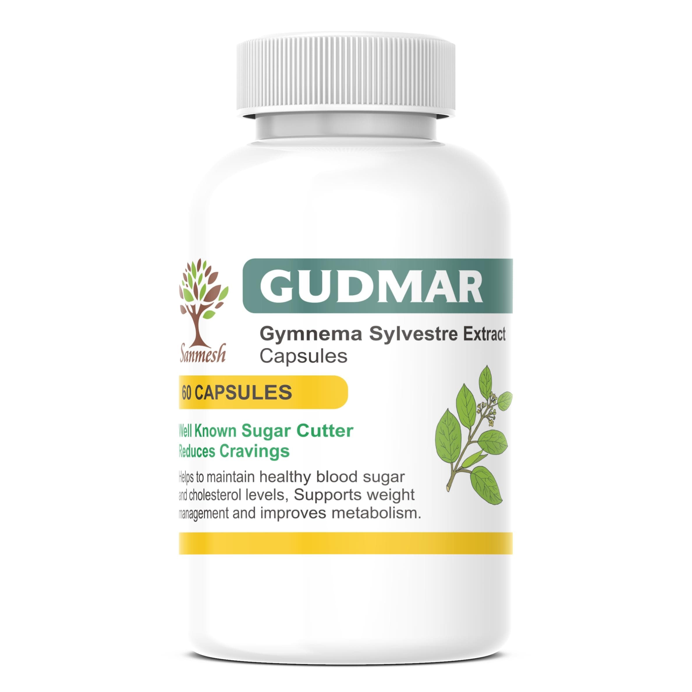 "Gudmar" (Gymnema Sylvestre Extract) Capsules For Endocrine Health & Blood Sugar Levels | 100% Natural, Ayurveda Herb, Dietary, Herbal, Nutrition Supplements | Pack of 1, 60 Capsules, 500mg