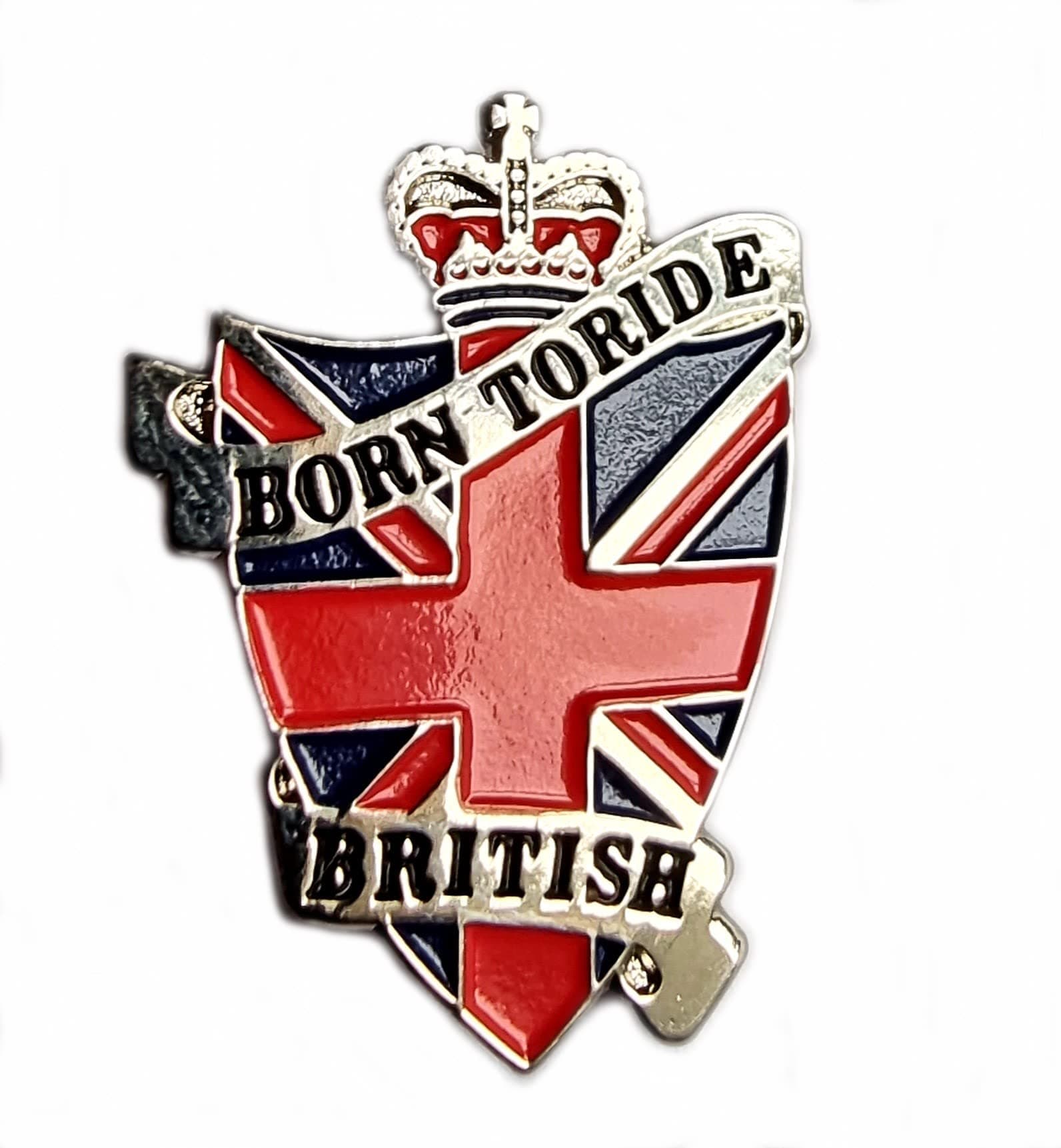 Metal Enamel Pin Badge Born To Ride British Biker Union Jack Flag Shield Brit Bike Bulidog Motorcycle Motorbike by Mainly Metal