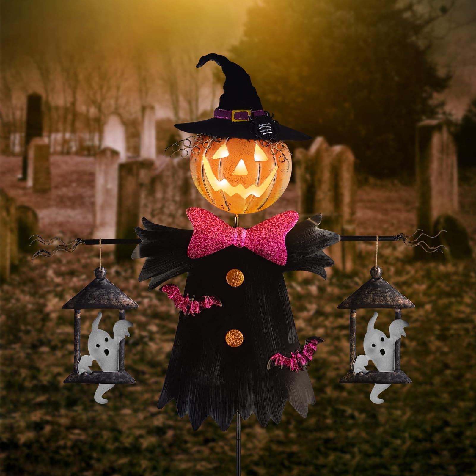 LIGHTSHINE Jack O' Halloween Lantern Metal Scarecrow Shape, Outdoor Halloween Yard Solar Decorations, Solar Path Stake, Halloween Garden Lights Decoration,