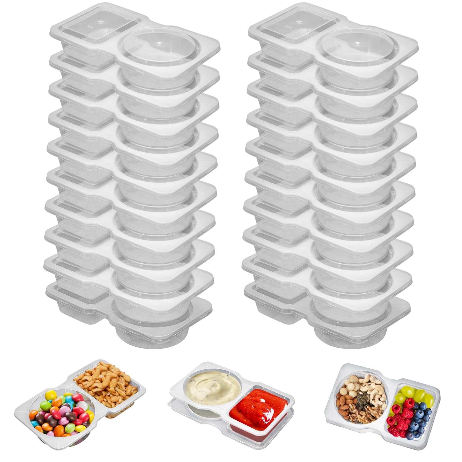 UVHJW 20 Set Reusable Snack Containers, 2-Compartment Dipping Containers with Lid for Refrigeration, Portion Control, Outdoor Takeaway Sauce Dip Case