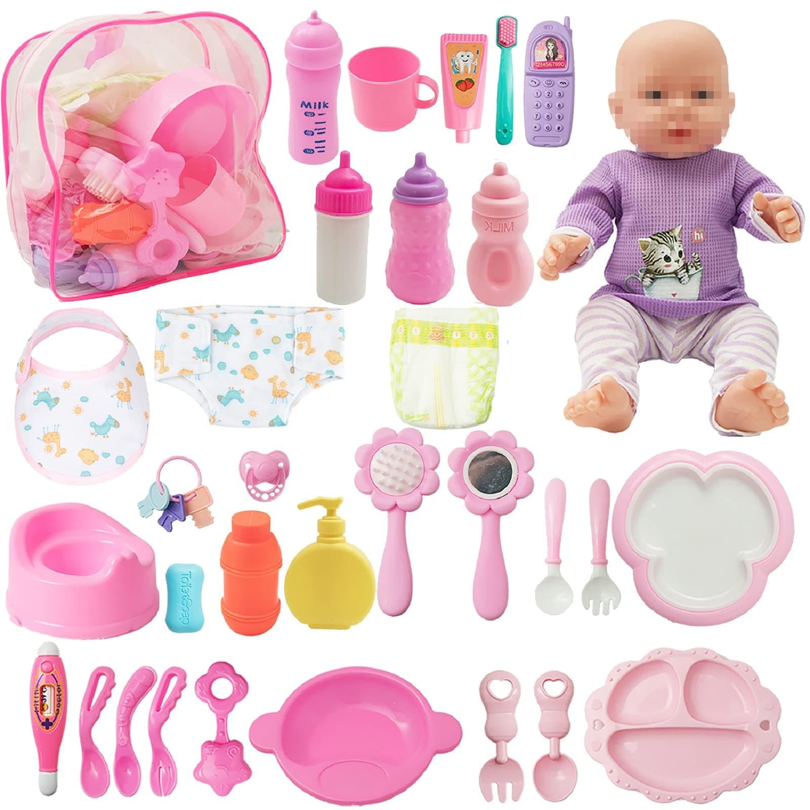SOTOGO 34 Pieces Doll Care Set Dolls Feeding and Changing Accessories Set Dolls Accessories in Bag, Without Doll