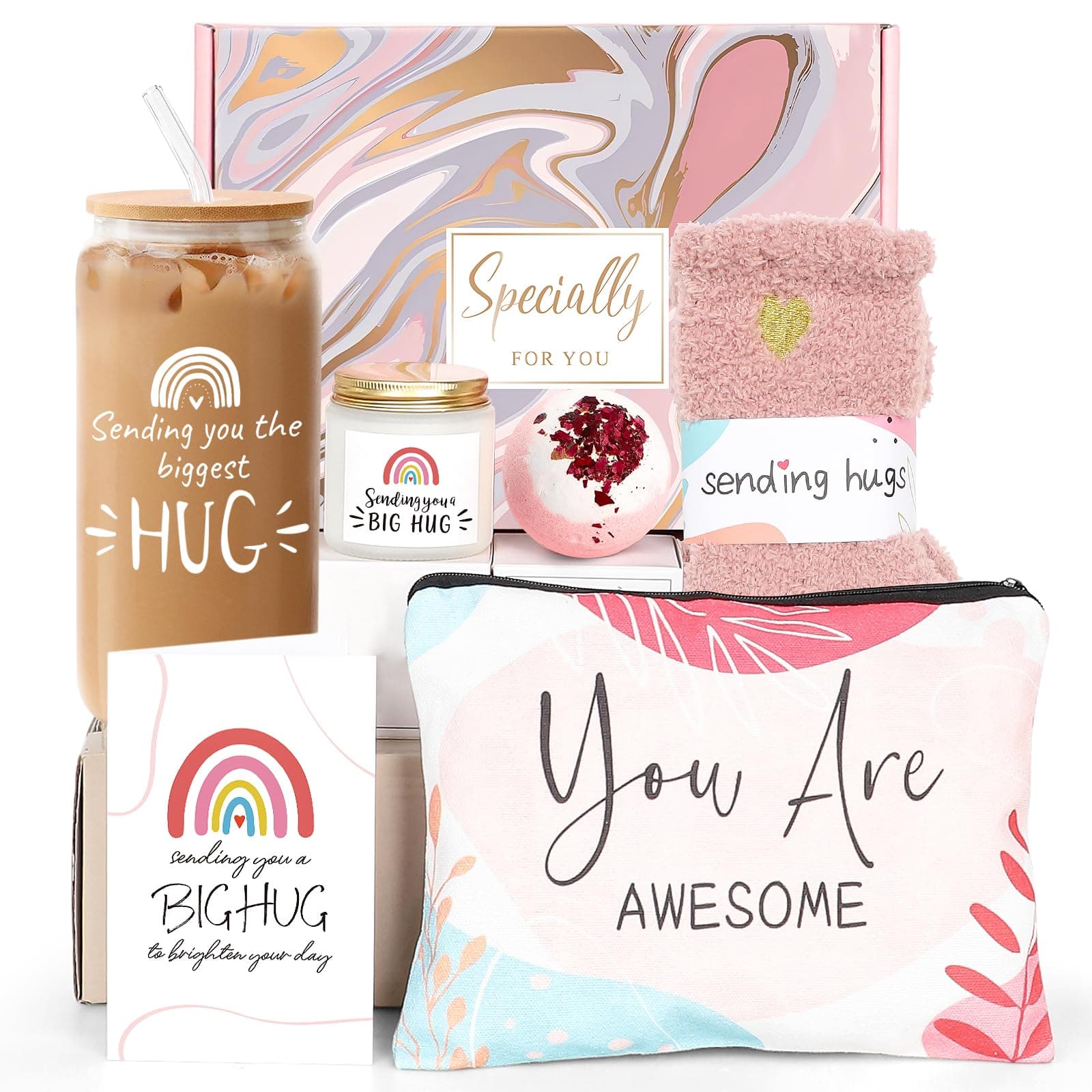 Get Well Soon Gift Baskets for Women, Sending You Hug Gifts, After Surgery Feel Better Gifts for Women Friend, 6PCS Sick Care Package for Woman, Encouragement Cheer up Gift with 16oz Glass