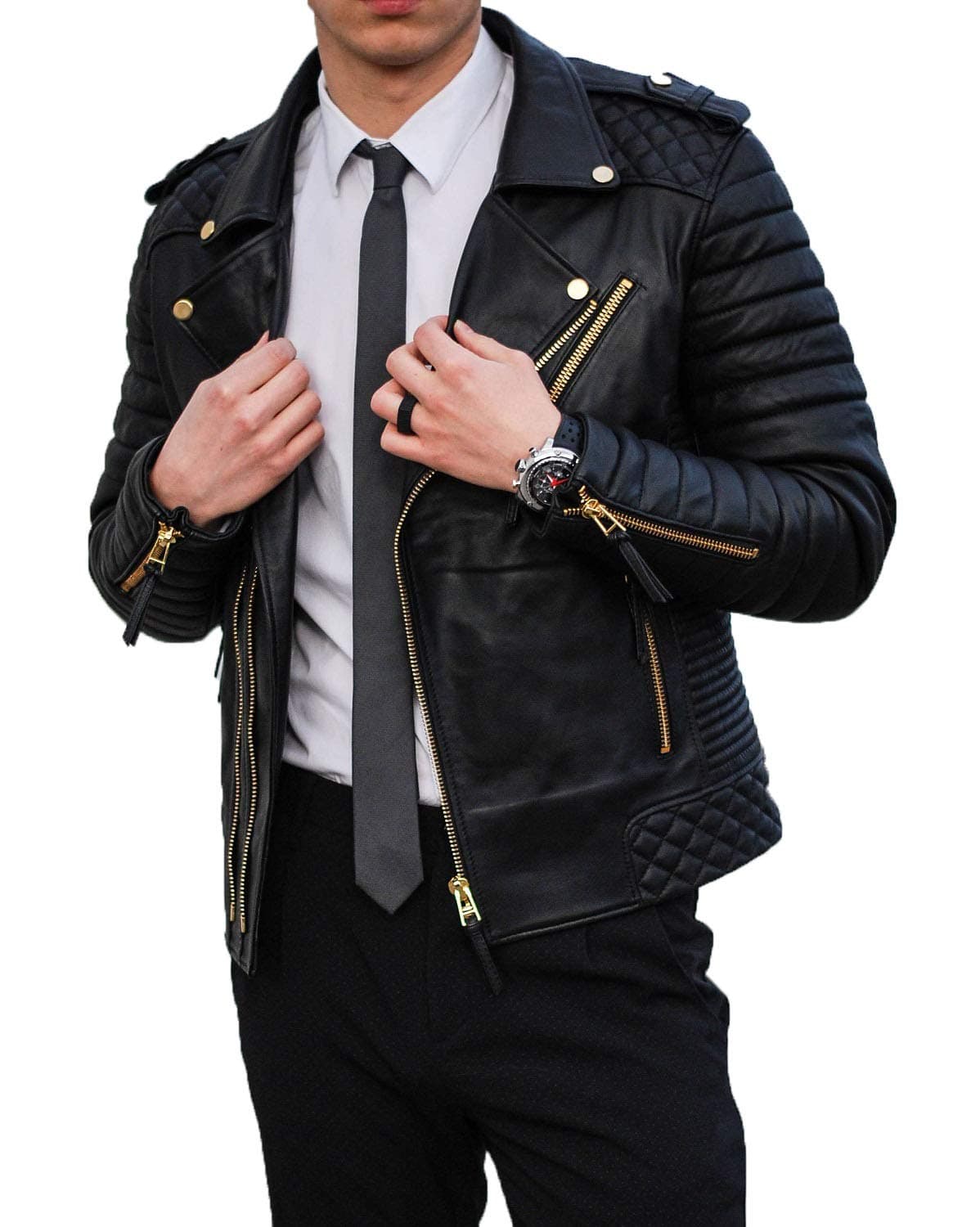 Iftekhar Leather Jackets For Men |leather Biker Stylish Jacket With Golden Zipper and Full Sleeves & Quilted patches - Black