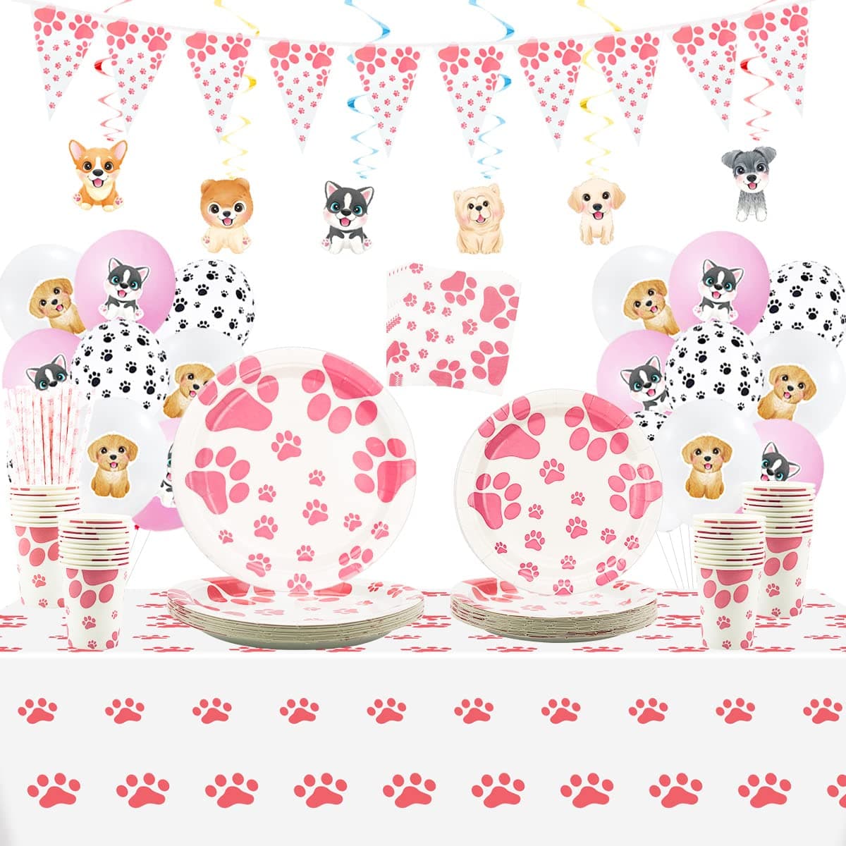 Pink Dog Birthday Supplies, Doggy Paw Print Party Decorations Including Paper Tableware, Hanging Swirl, Balloons, Tablecloth for Girl Puppy, Kids, Dog Lover, Serves 20