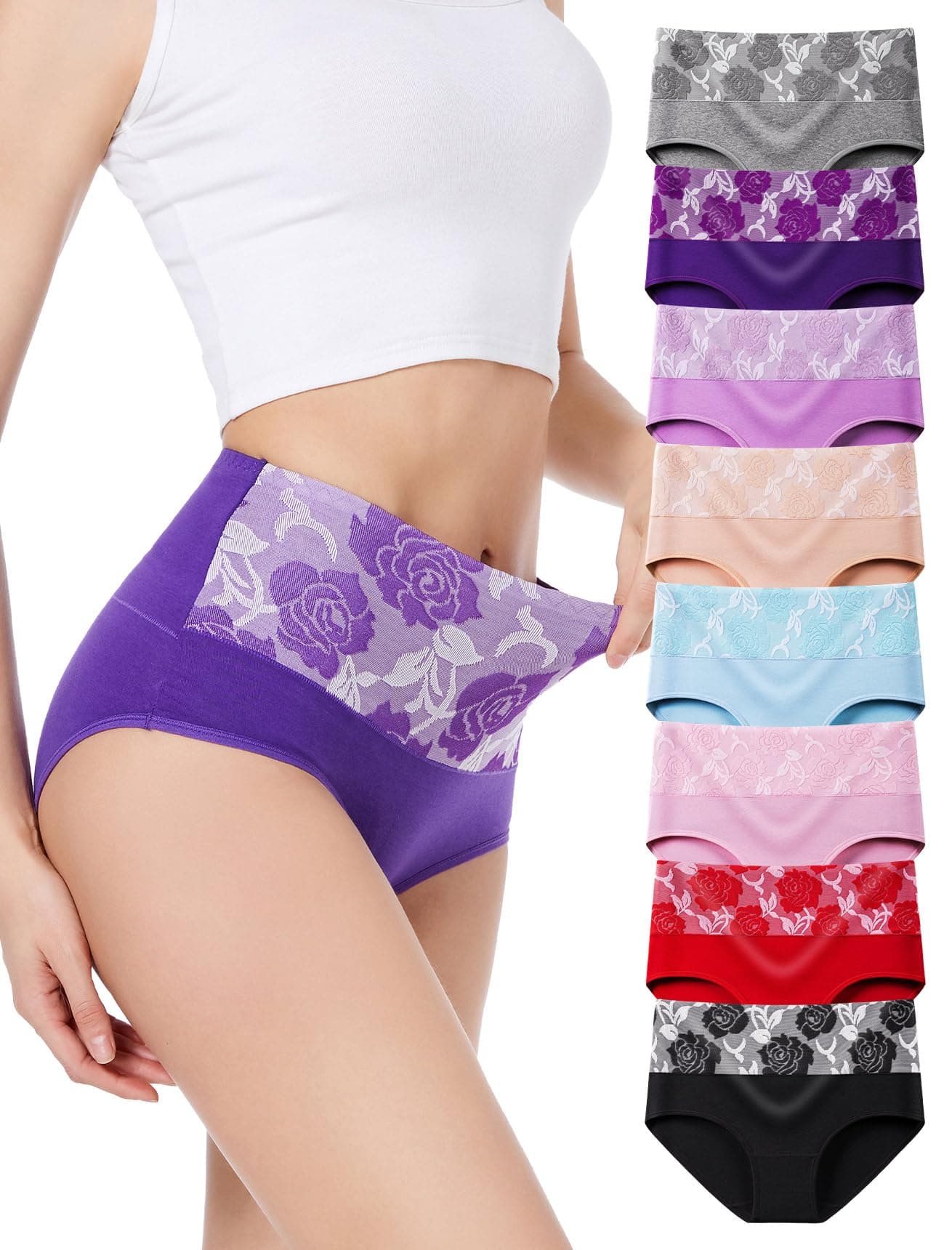 - Women's Briefs Underwear Cotton High Waist Tummy Control Panties Rose Jacquard Ladies Panty Multipack