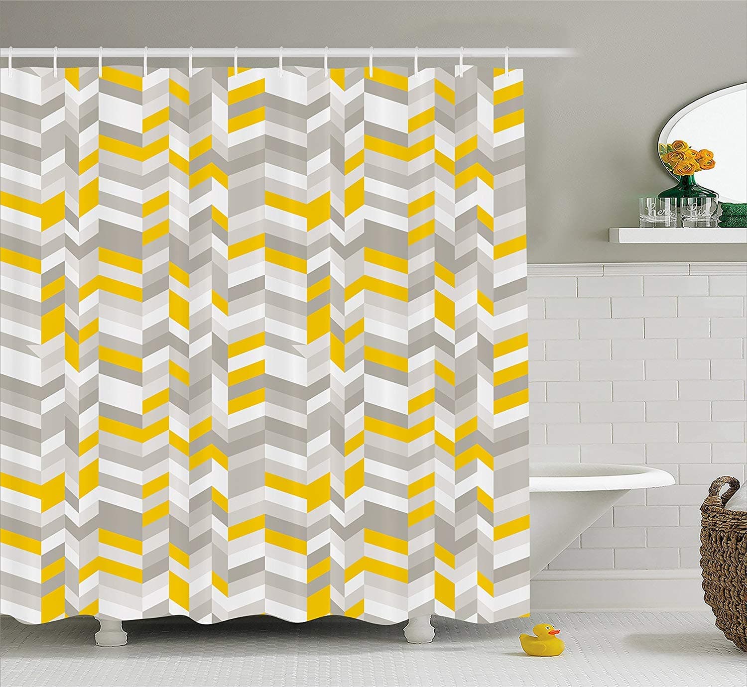ruichangshichengjie Grey and Yellow Shower Curtain, Hand Drawn Sketchy Geometrical Retro Modern Circles Image, Bathroom Decor Set with Hooks, 60 x 72 Inches, Mustard White Grey
