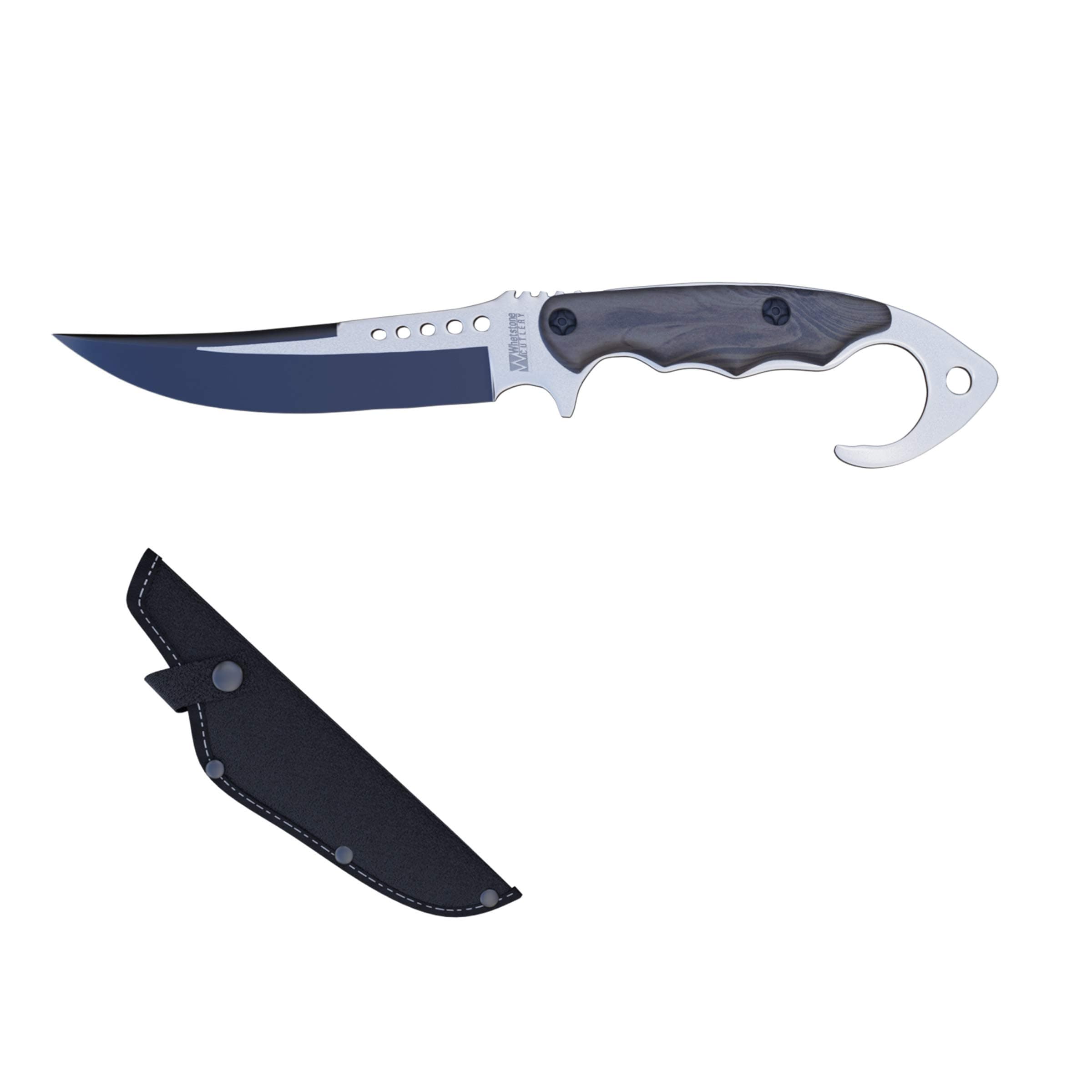 Whetstone Cutlery Survival Knife-Tactical Fixed Blade Full Tang Stainless Steel Hunting, Camping, Fishing Knife with Window Breaker Hook Pommel Hand Guard