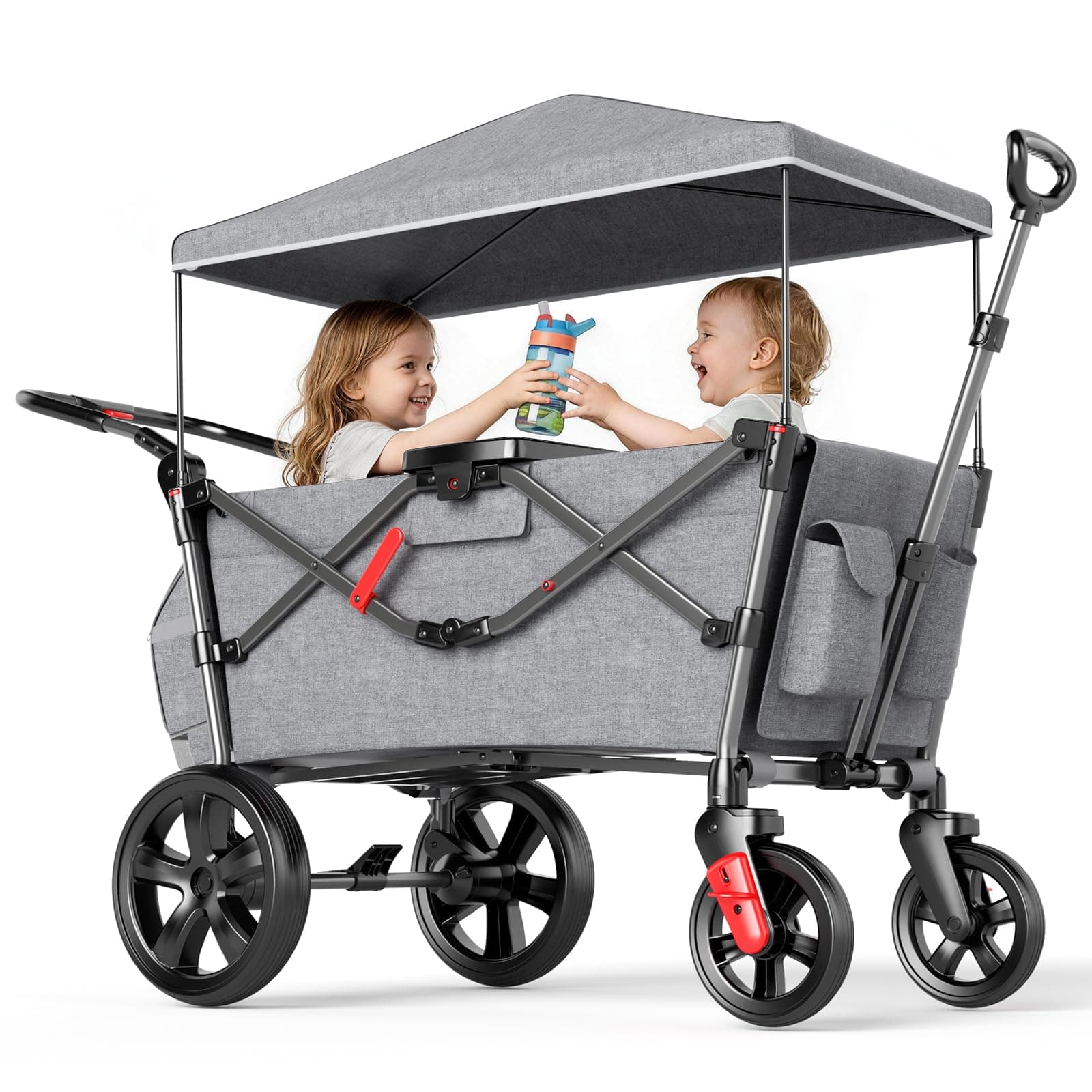 Wagon for Kids to Sit in, Stroller Wagon for 2 Kids with Removable Canopy, Pull Along with Seats 5-Point Harnesses, Portable Push Pull Cart with Adjustable Handle Bar