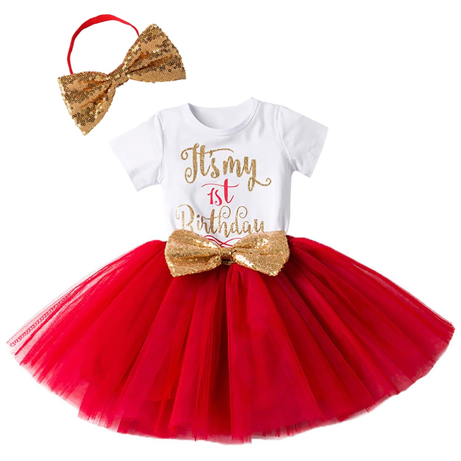 IWEMEKNewborn Baby Infant Toddler Girls It's My 1st/2nd Birthday Cake Smash Shiny Printed Sequin Bow Tutu Princess Bowknot Dress 1st Christmas Outfit Dress with Headband