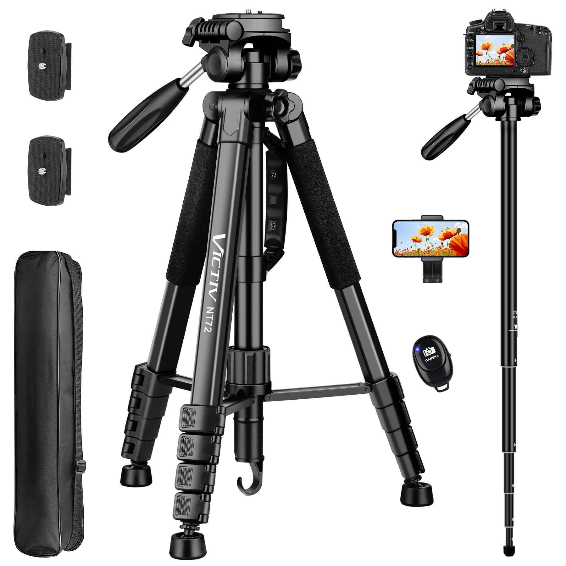 Victiv Camera Tripod Upgraded Version T72 Max. Height 72-inch/182 cm - Lightweight and Compact for Travel with 3-Way Swivel Head and 2 Quick Release Plates for Canon Nikon DSLR Video Shooting - Black
