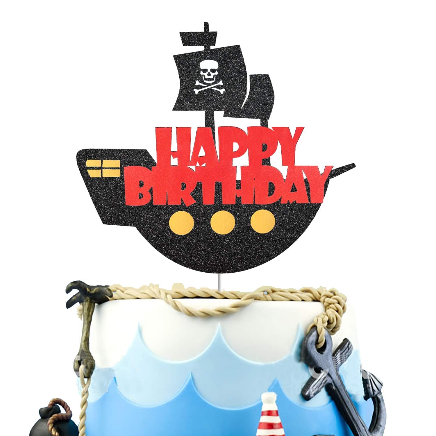 Pirate Ship Happy Birthday Cake Topper Pirate Nautical Theme Cake Decor Picks for Baby Shower Baby Girl Boy 1st Birthday Party Decorations