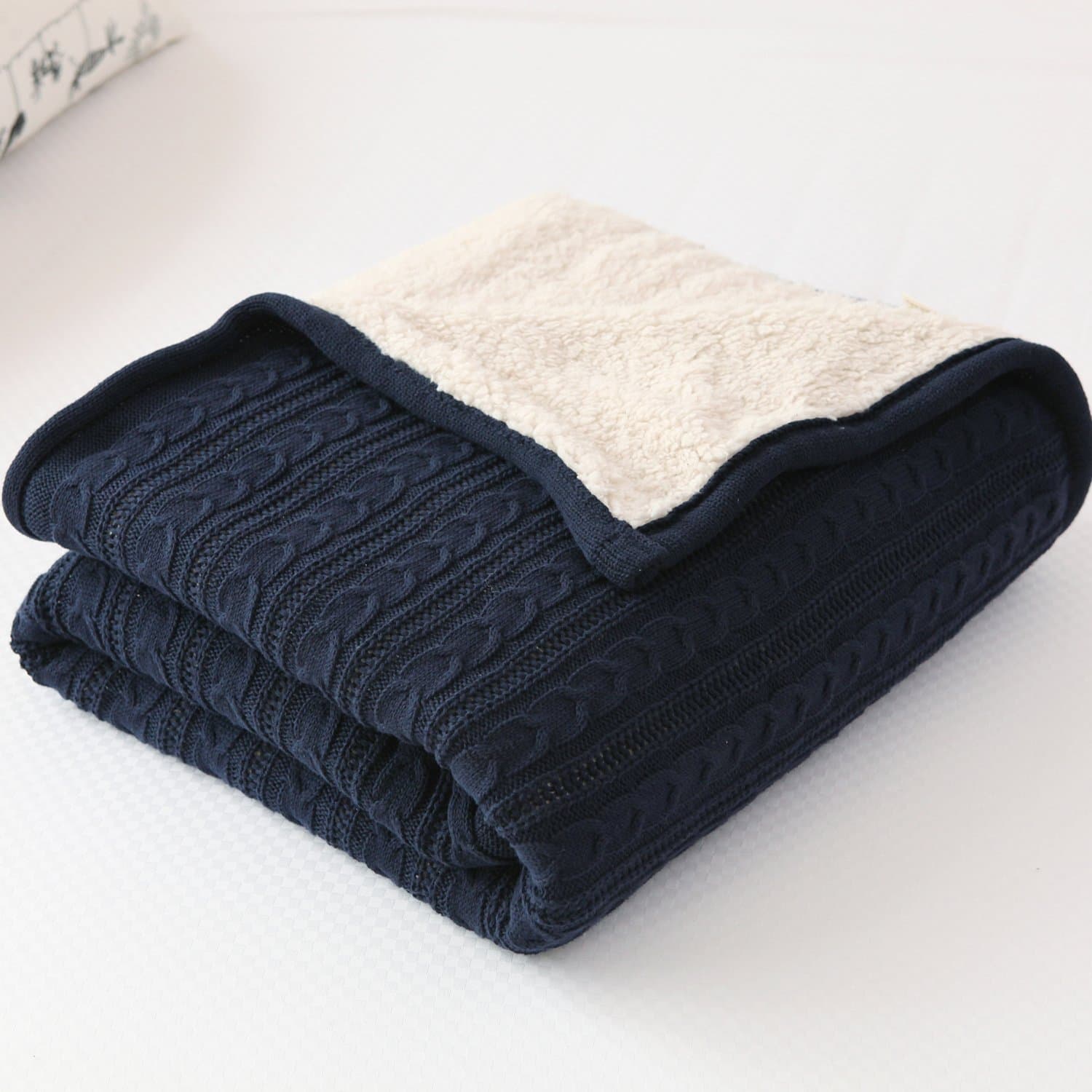 Cotton Knitted Blanket Lined with Sherpa Lining Super Soft Warm Cover for Bed Sofa Counch, 47x70 Inches, Navy